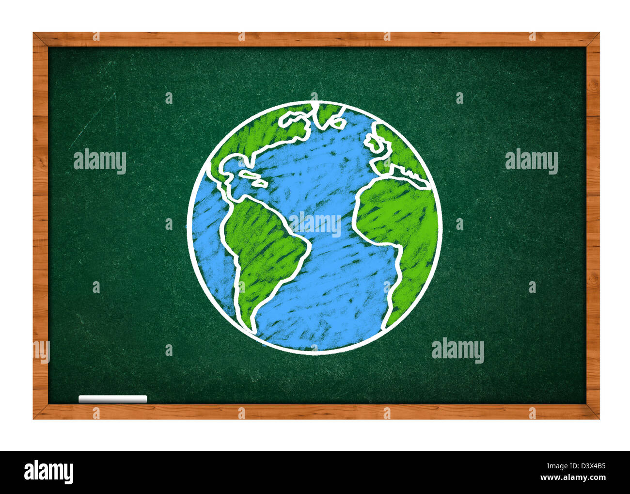 Dibujo del planeta Tierra en una escuela verde pizarra, clase de geografía concepto. Foto de stock