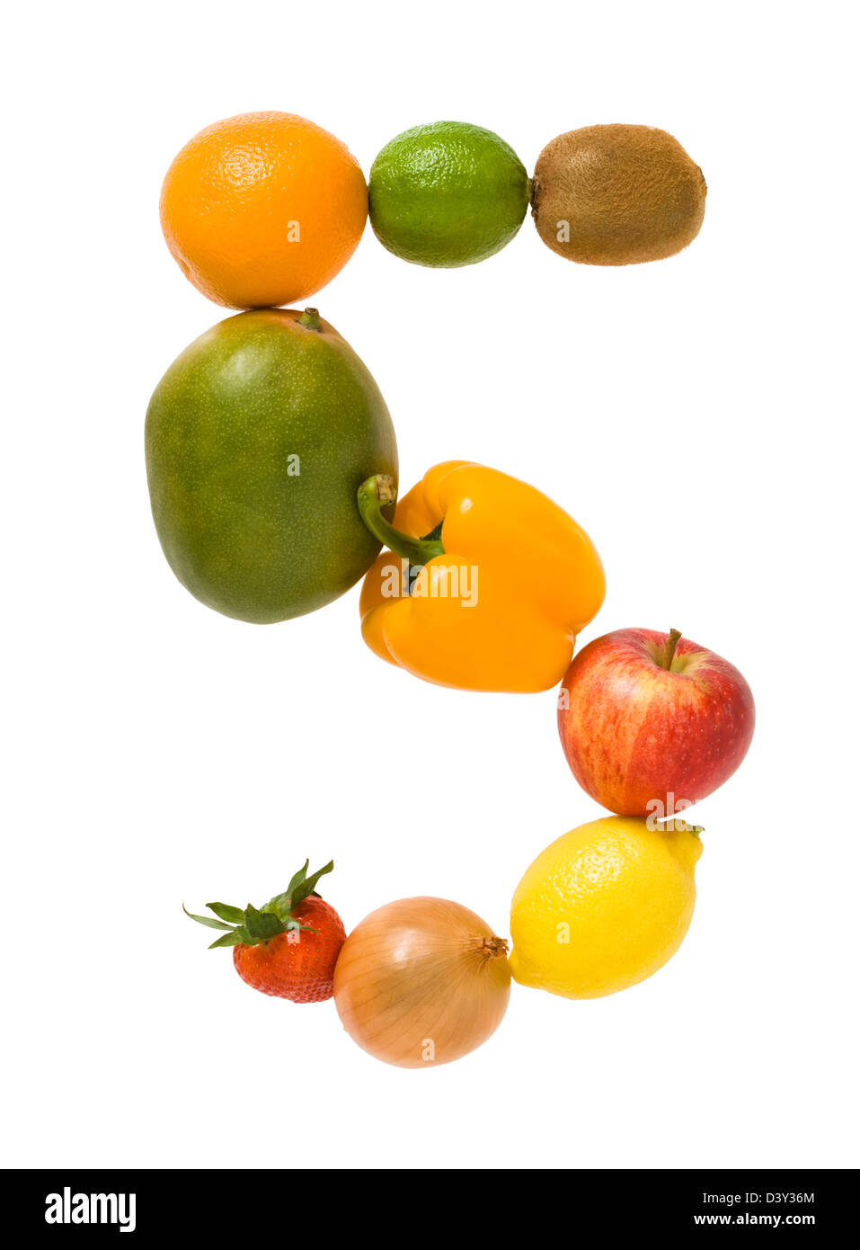 Frutas y verduras haciendo Figura 5 - 5-a-día. Foto de stock
