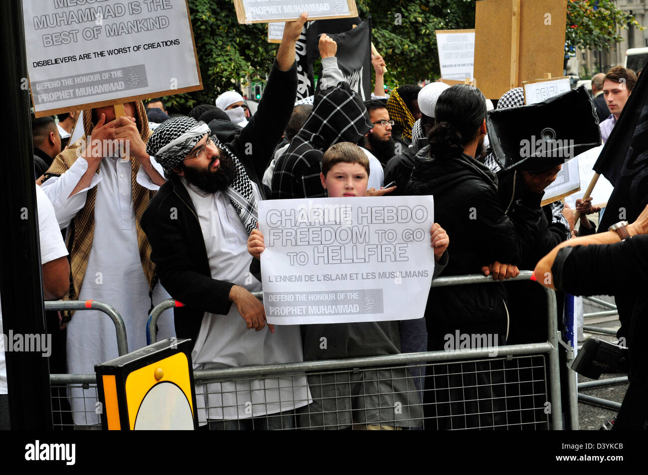 Protesta islamista contra el Profeta Mohammad caricaturas en Londres, Reino Unido. Foto de stock