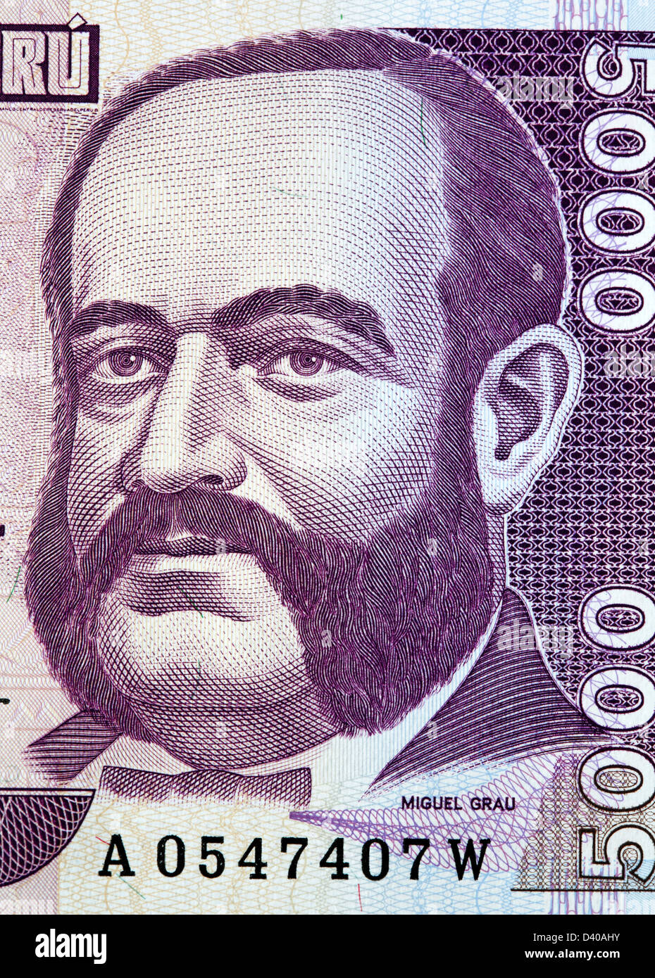 Retrato del Almirante Miguel Grau desde 5000 billetes Intis, Perú, 1988 Foto de stock