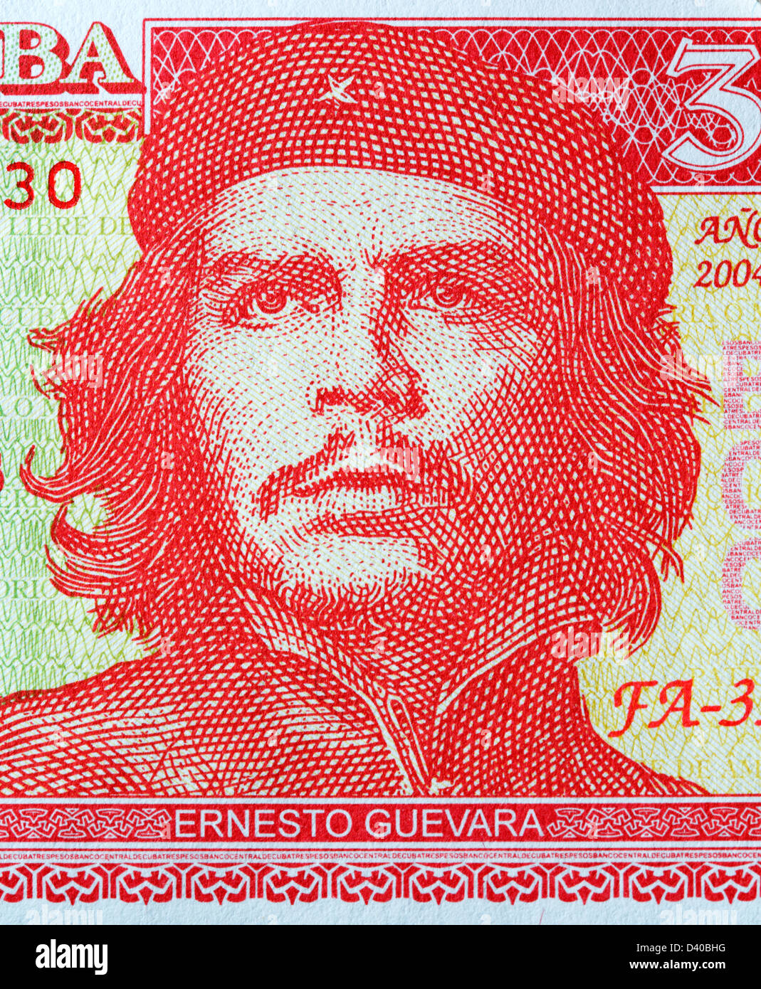 Retrato de Che Guevara de billetes de 3 Pesos, Cuba, 2004 Foto de stock