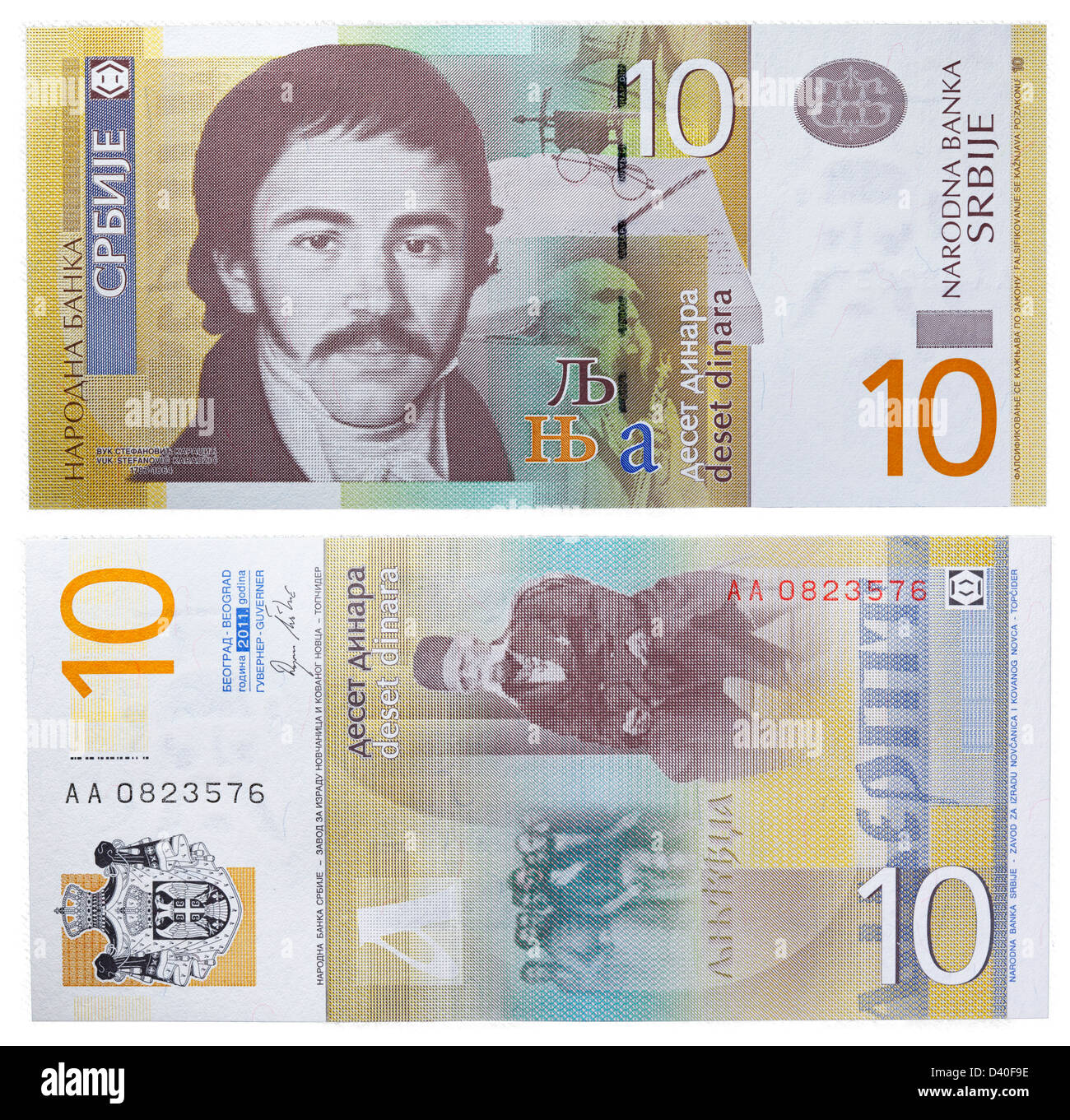 10 billetes Dinara, Vuk Stefanovic Karadzic y Primer Congreso Eslavo, Serbia, 2011 Foto de stock