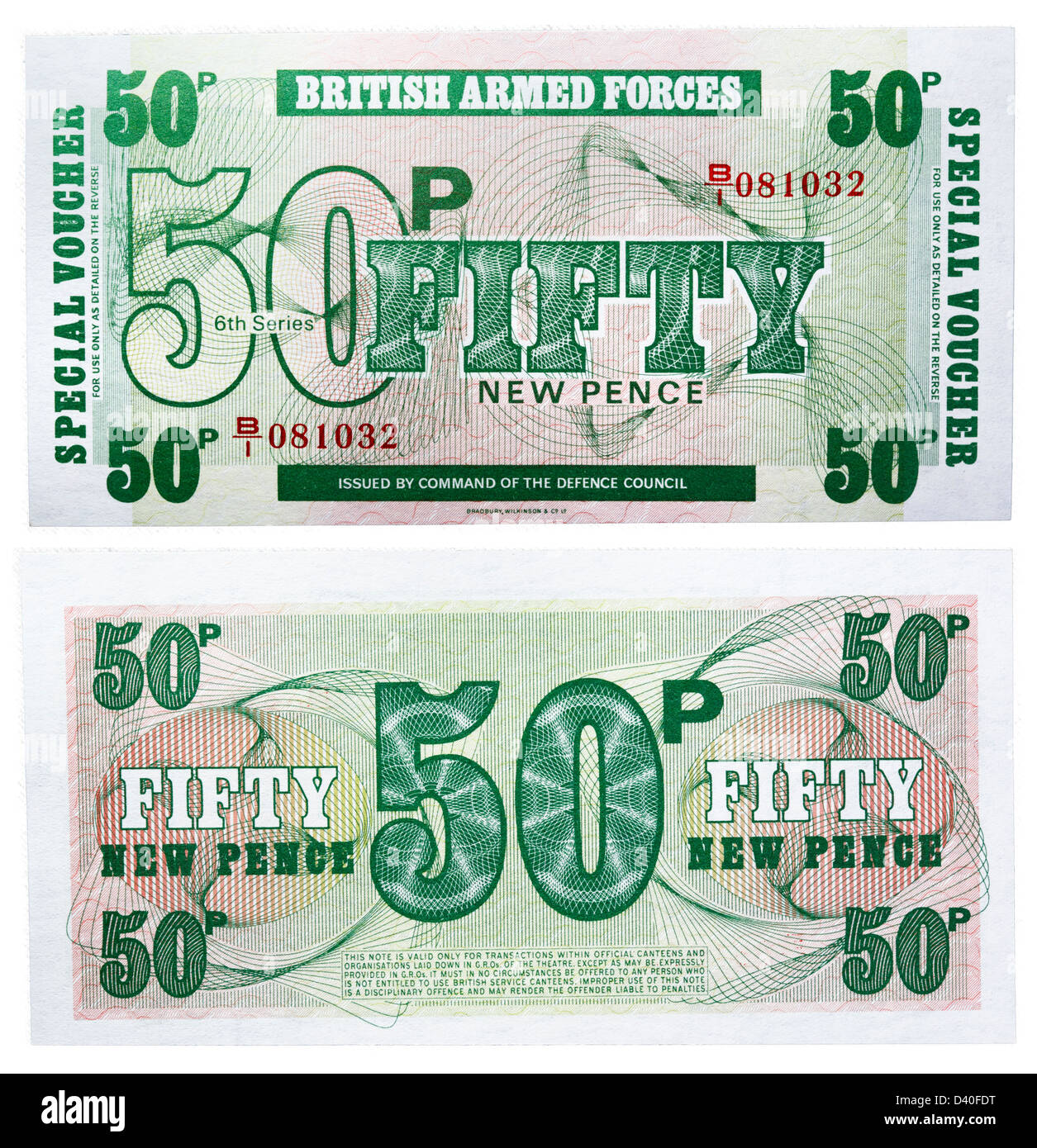 Nuevo billete de 50 peniques, Reino Unido, las Fuerzas Armadas británicas, 1972 Foto de stock