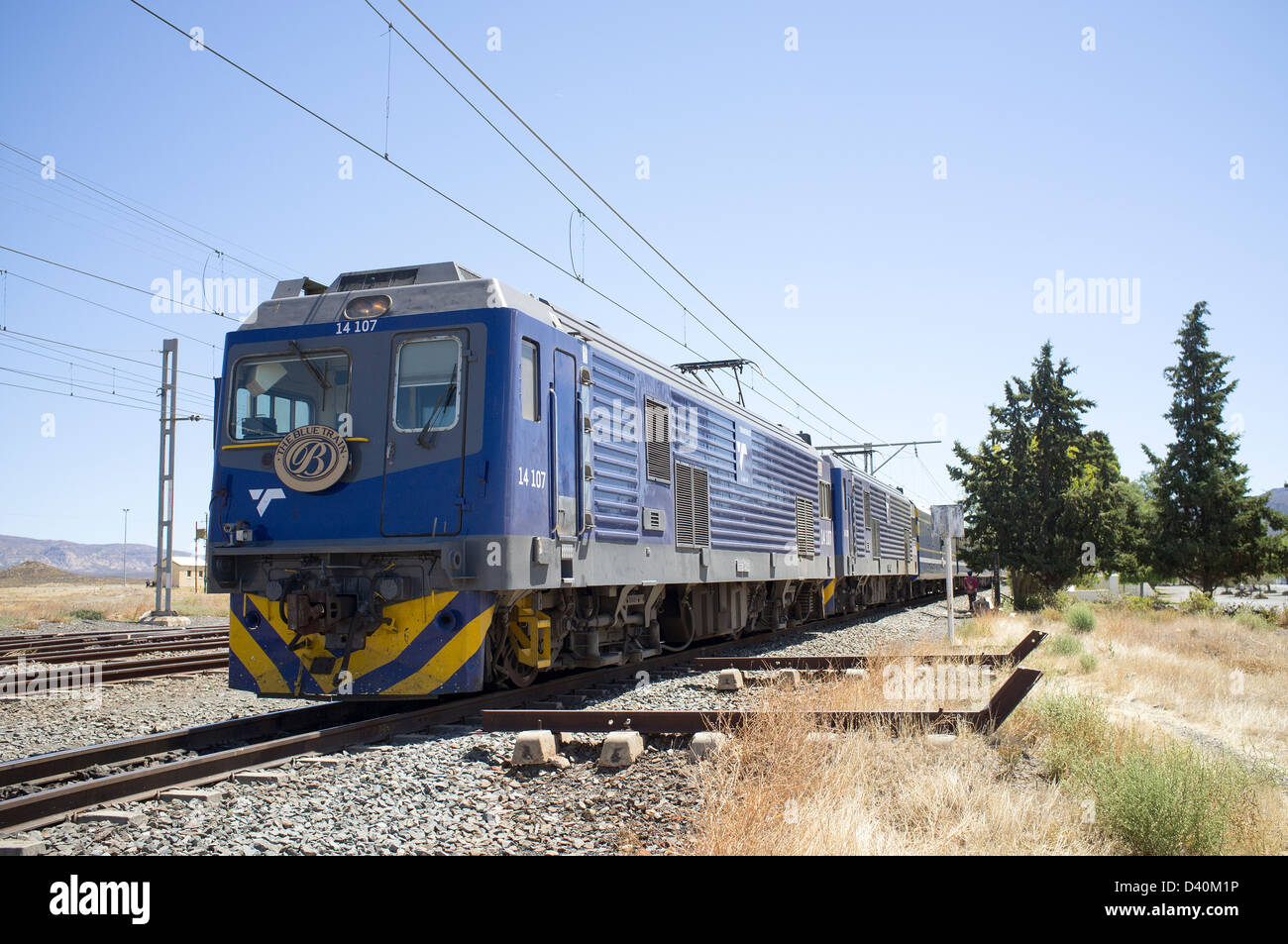 El Blue Train Matjiesfontein vistos en una ciudad histórica en el Karoo, Sudáfrica Foto de stock