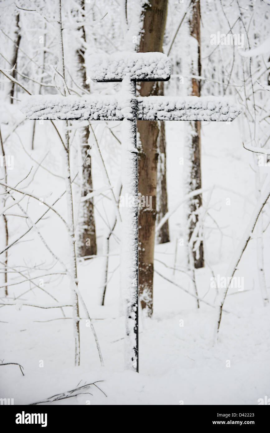 Poste cubierto de nieve en el parque del Mont Royal en invierno, Parc du Mont Royal, Montreal, Quebec, Canadá Foto de stock