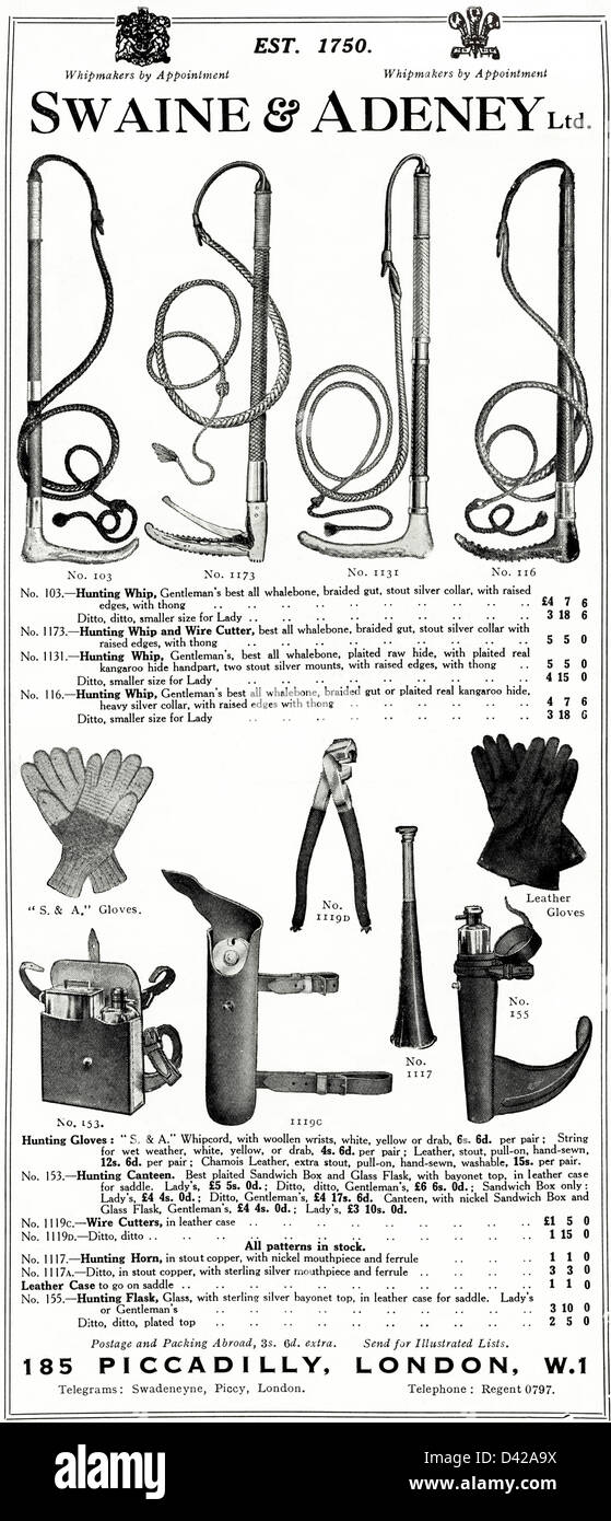Original 1920 publicidad impresa del inglés país Gentleman's publicidad accesorios de caza por SWAINE ADENEY & de Piccadilly Londres Whipmakers nombramiento real Fotografía de stock - Alamy