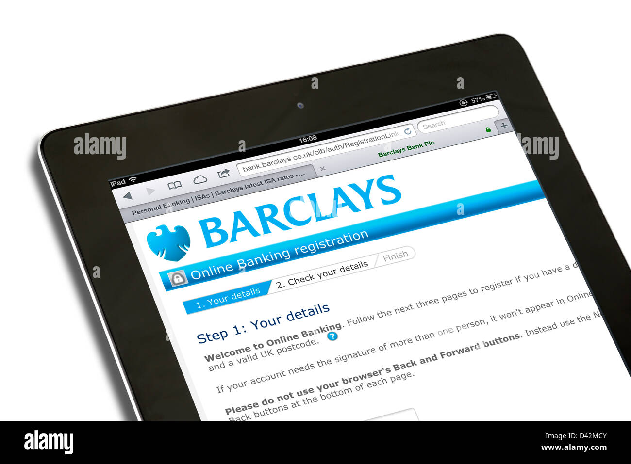 Iniciar sesión en una cuenta de Barclays Bank en un iPad 4, UK Foto de stock