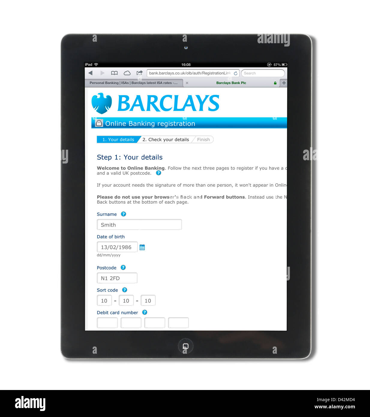 Iniciar sesión en una cuenta de Barclays Bank en un iPad 4, UK Foto de stock