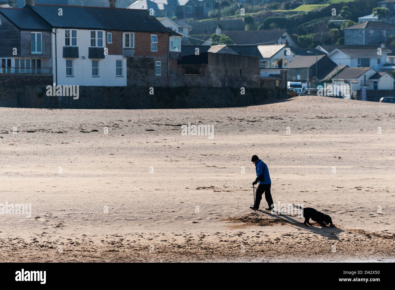 Un hombre y su perro caminando sobre Porth Beach en Newquay. Foto de stock