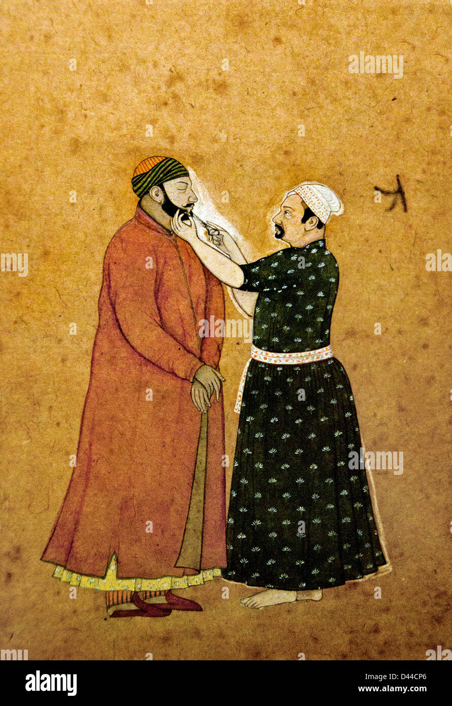 Singh Balwath obteniendo su barba recortada Pahari 1755 India Foto de stock