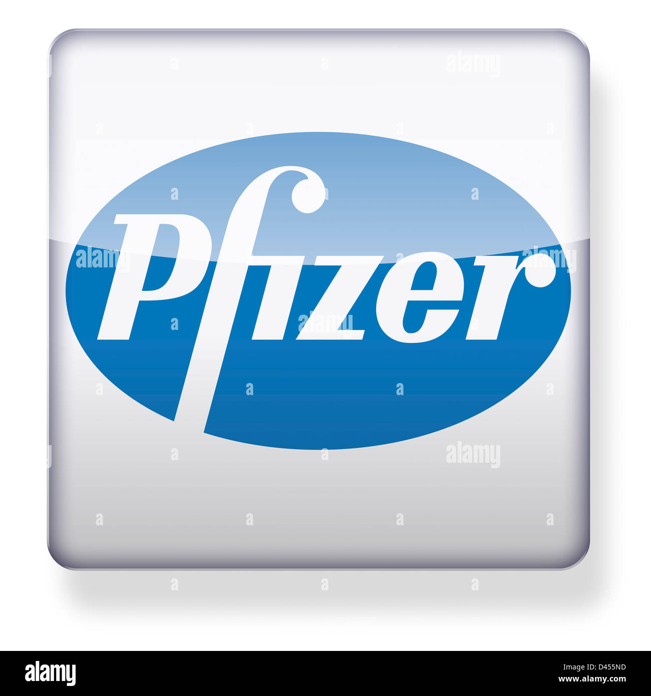 Pfizer logotipo como el icono de una aplicación. Trazado de recorte incluido. Foto de stock