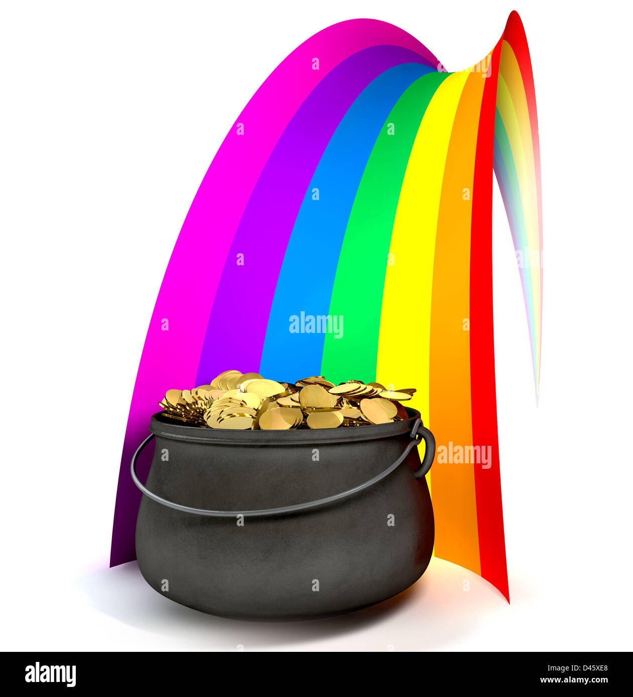 Una olla de hierro fundido llenos de monedas de oro al final del arco iris estilizadas regulares sobre un fondo aislado Foto de stock