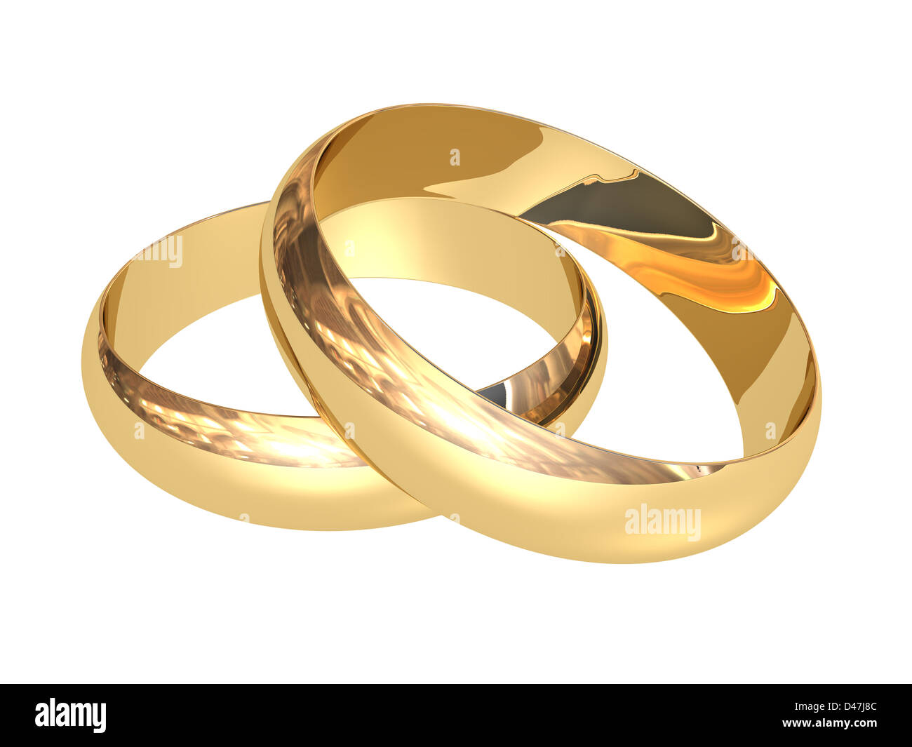 Dos anillos de boda de oro contra el fondo blanco. Foto de stock