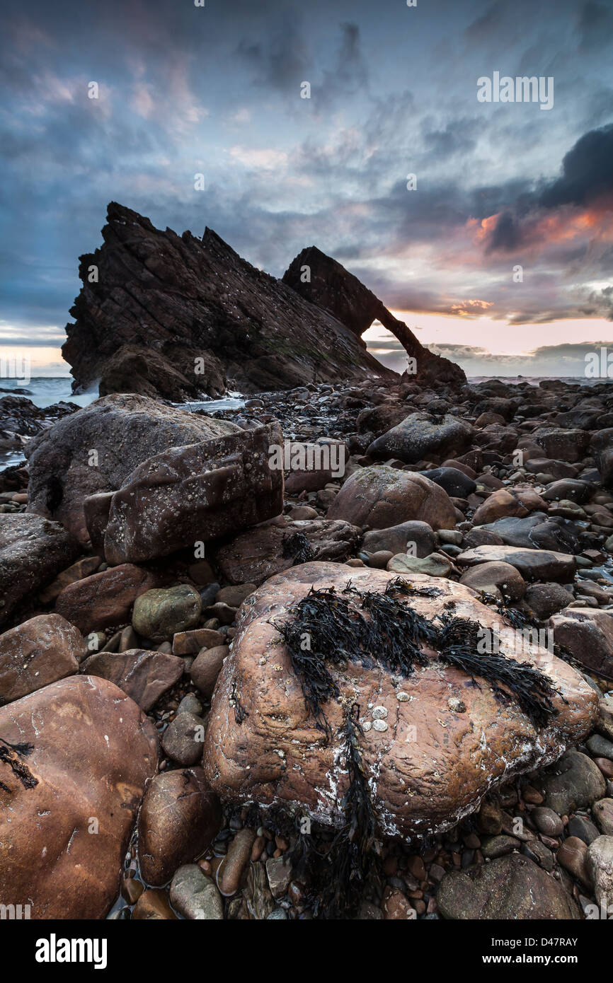 Bow Fiddle Roca en la costa de Moray de Escocia. Foto de stock