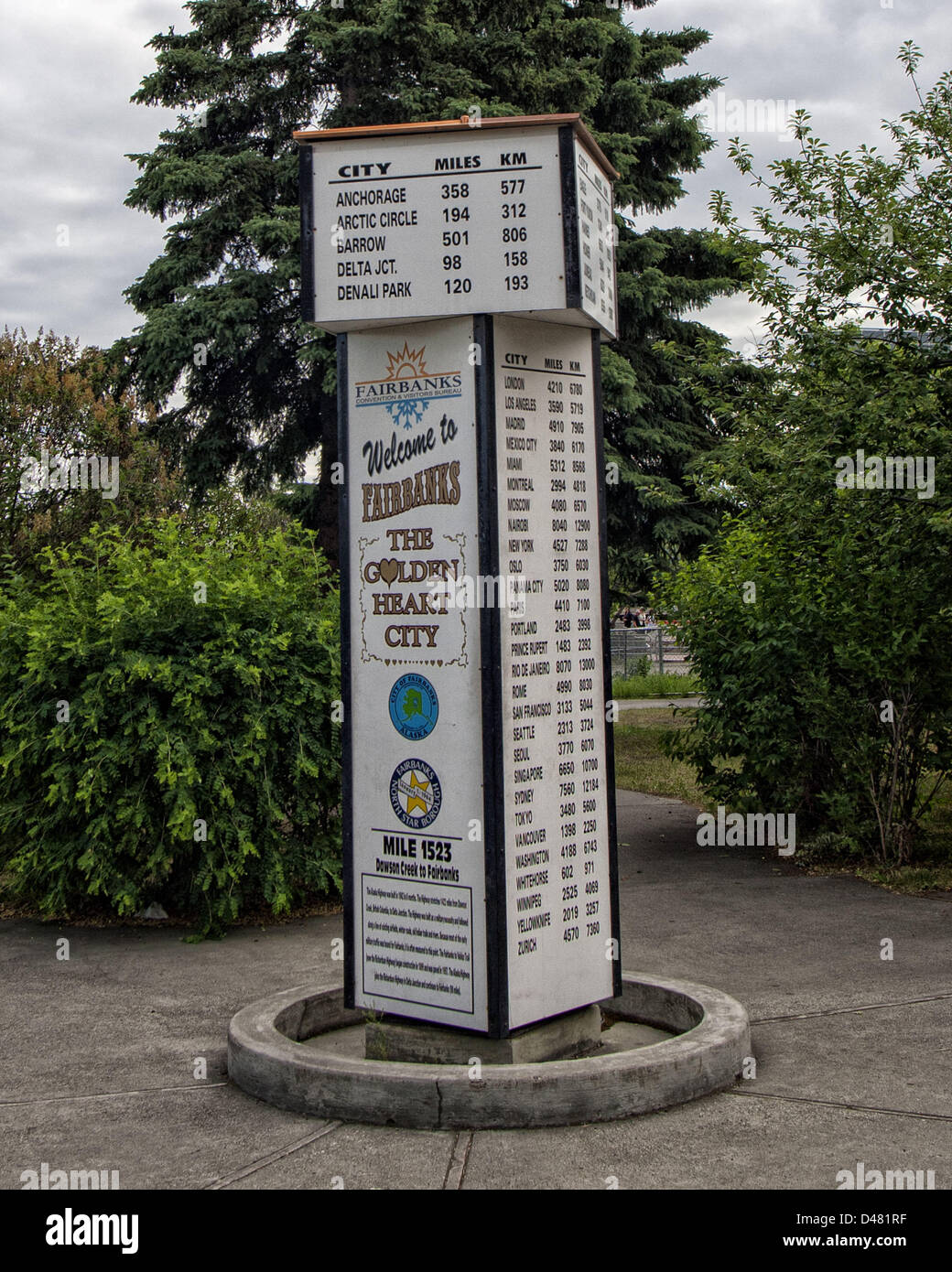 Junio 25, 2012 - Fairbanks, Alaska, EE.UU. - Un poste de kilometraje en el centro de la ciudad de Fairbanks, Alaska da distancias.a ciudades alrededor del mundo y es una atracción turística popular foto-op. (Crédito de la Imagen: © Arnold Drapkin/ZUMAPRESS.com) Foto de stock