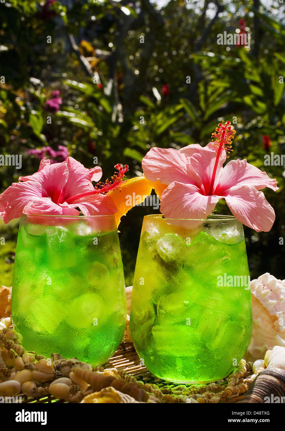 Dos tragos tropicales adornados flores en un escenario al aire libre de stock - Alamy
