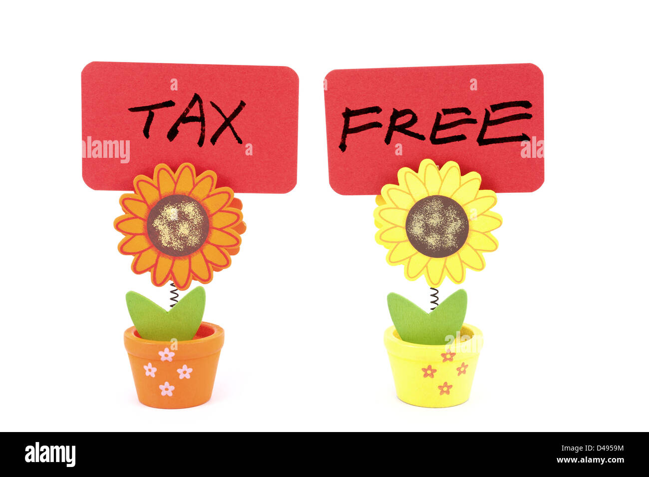 Tax Free palabras escritas sobre los clips de dos sun flower pots Foto de stock