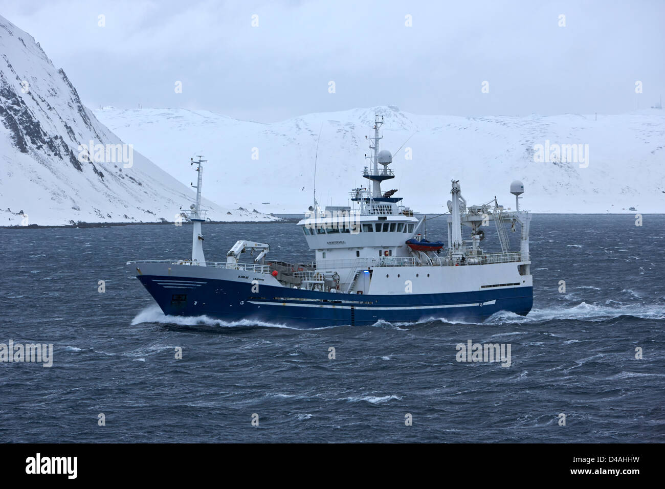 Km ostervold cerquero arrastrero pelágico barco de pesca en mares agitados en el norte de Noruega, Europa Foto de stock