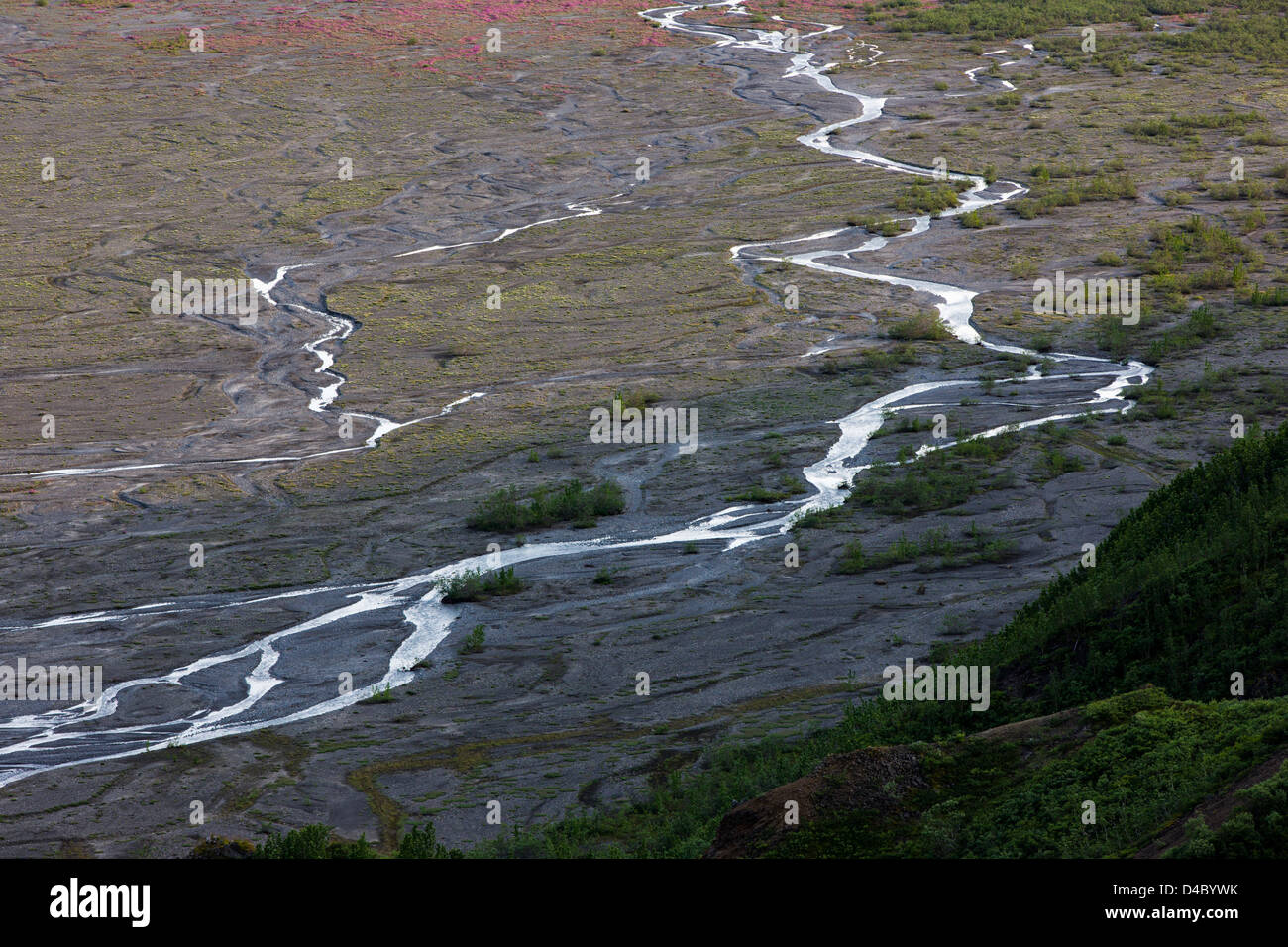 Trenzado ríos drenan el derretimiento de la nieve de la Cordillera de Alaska, el Parque Nacional Denali, Alaska, EE.UU. Foto de stock