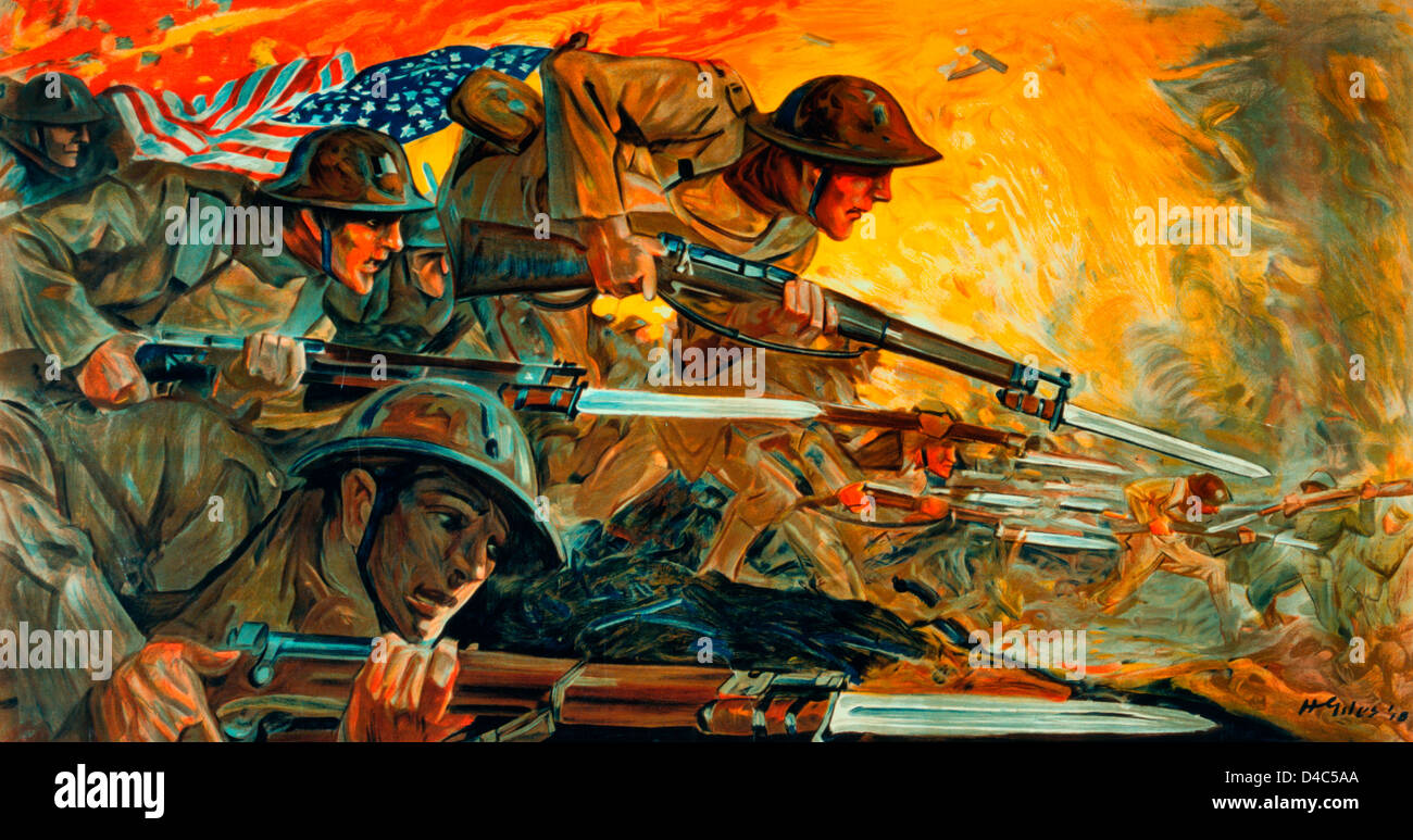 Ataque - soldados americanos con bayonetas fijas durante el fragor de la batalla en la Primera Guerra Mundial Foto de stock