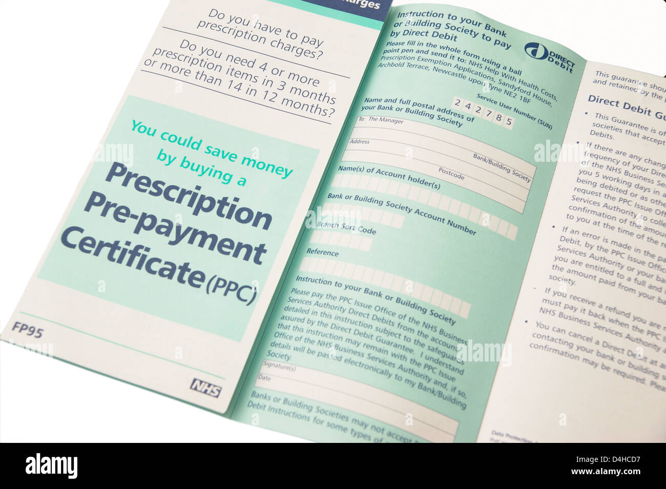Formulario Appplication para solicitar un certificado de Pre-pago de prescripción (CCP) ahorrar dinero cuando 4 o más elementos son necesarios Foto de stock