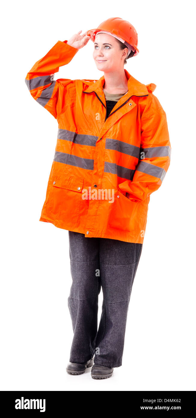 Mujer sencilla en ropa de trabajo sobre un fondo blanco de stock - Alamy