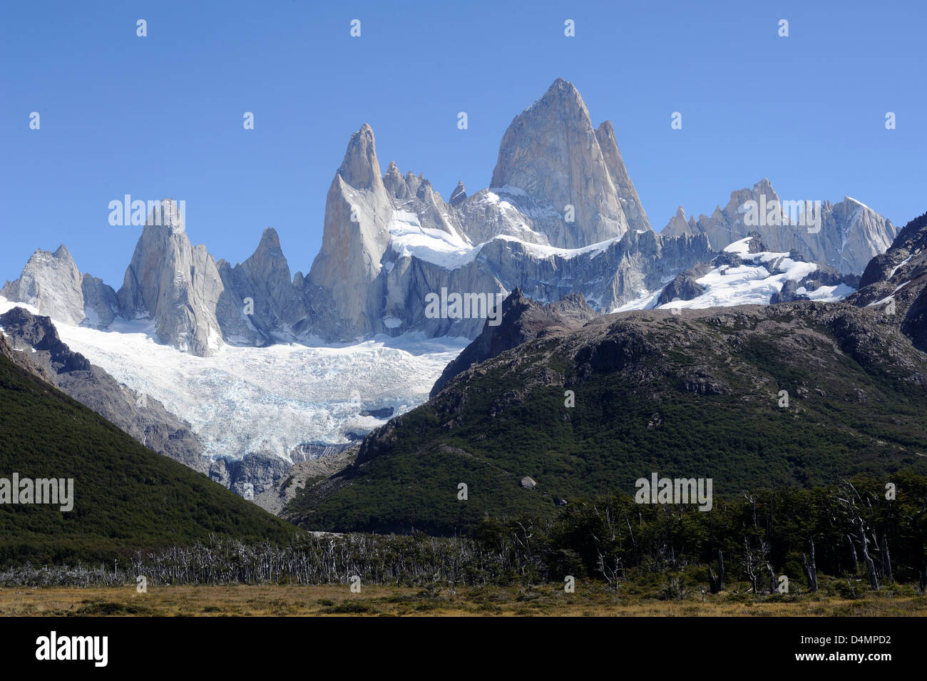 Monte Fitz Roy (Cerro Chalten, Cerro Fitz Roy, el Monte Fitz Roy, Monte Fitzroy) desde el sudeste. Foto de stock