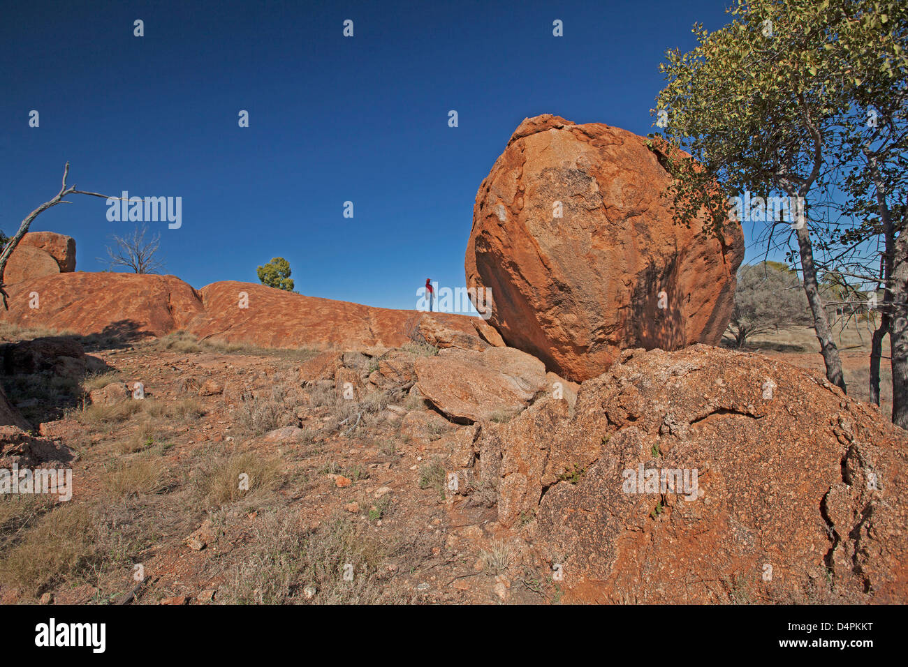 Los gigantescos bloques de granito y losas de roca - con el hombre una diminuta figura junto a ella - en el Parque Nacional Currawinya, Outback Australia Foto de stock