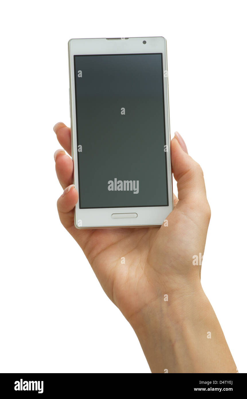 Explotación de mano móvil teléfono inteligente con pantalla en blanco Foto de stock