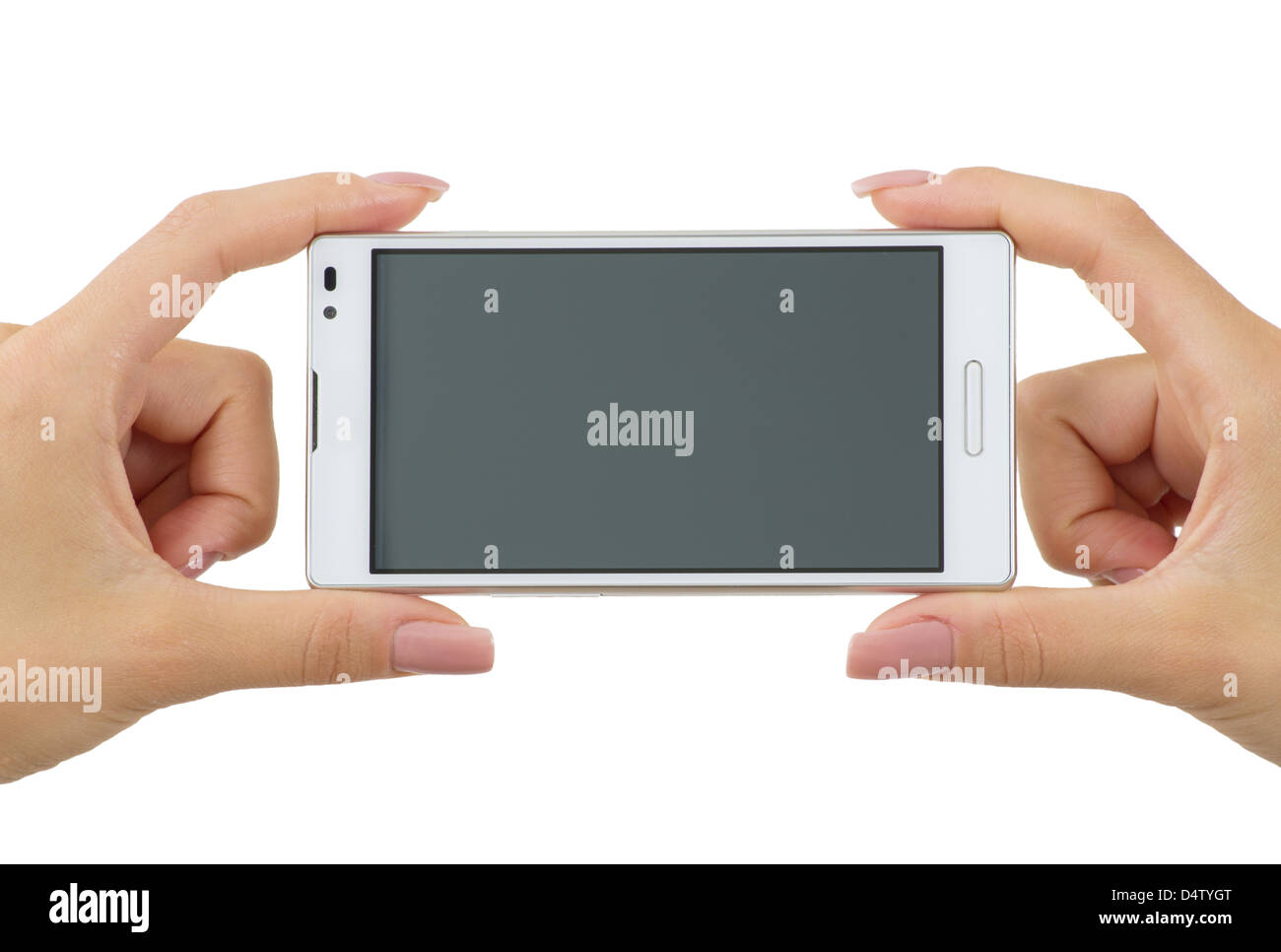 Explotación de mano móvil teléfono inteligente con pantalla en blanco Foto de stock