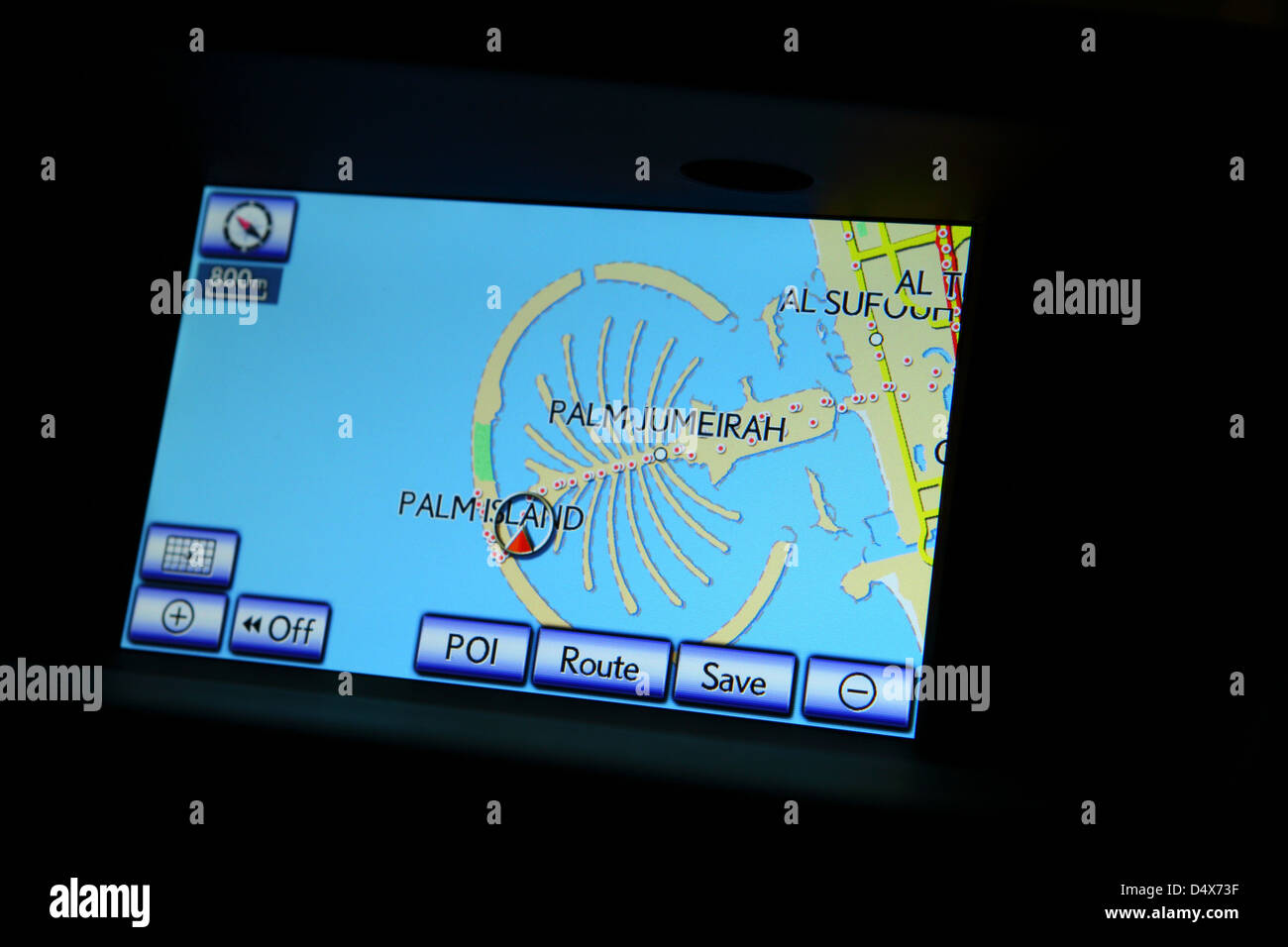 GPS mostrando la pantalla de Palm Jumeirah, Dubai, Emiratos Árabes Unidos. Foto de stock