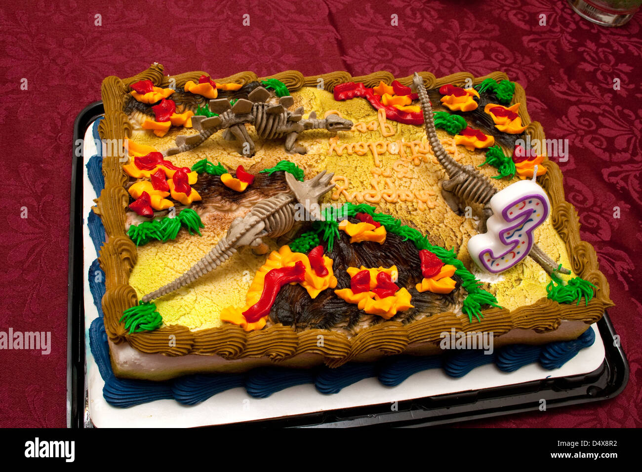 Happy Birthday cake para niño de 3 años de edad con esqueletos de dinosaurios  para decoración. Mahtomedi MN Minnesota  Fotografía de stock - Alamy