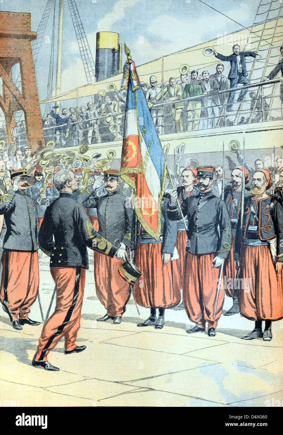 Zouave Regimiento de soldados franceses del norte de África en Marsella (julio de 1903) Francia. Grabado Vintage o Ilustración Foto de stock