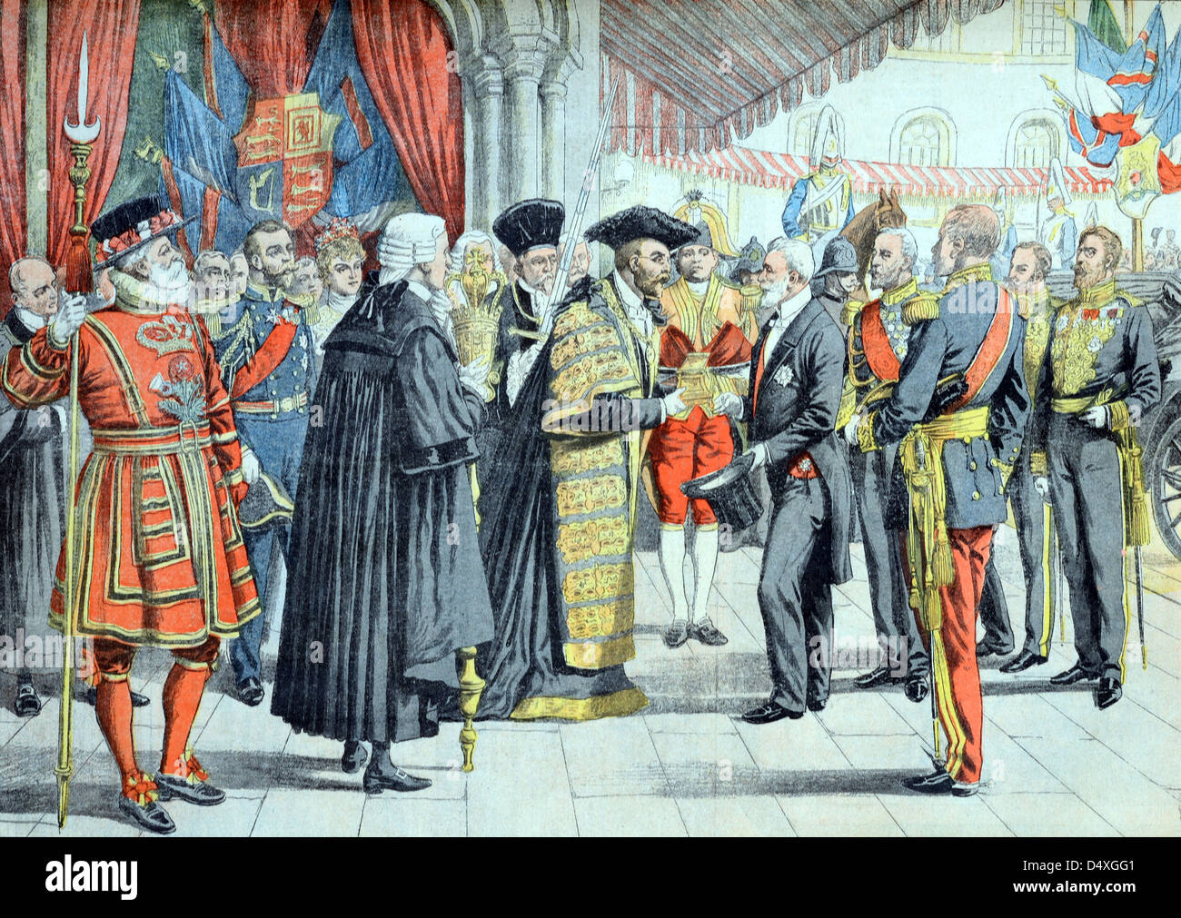 Lord mayor de Londres recibe al presidente francés Emile Loubet (julio de 1903) en Londres, Inglaterra, Reino Unido. Grabado Vintage o Ilustración Foto de stock