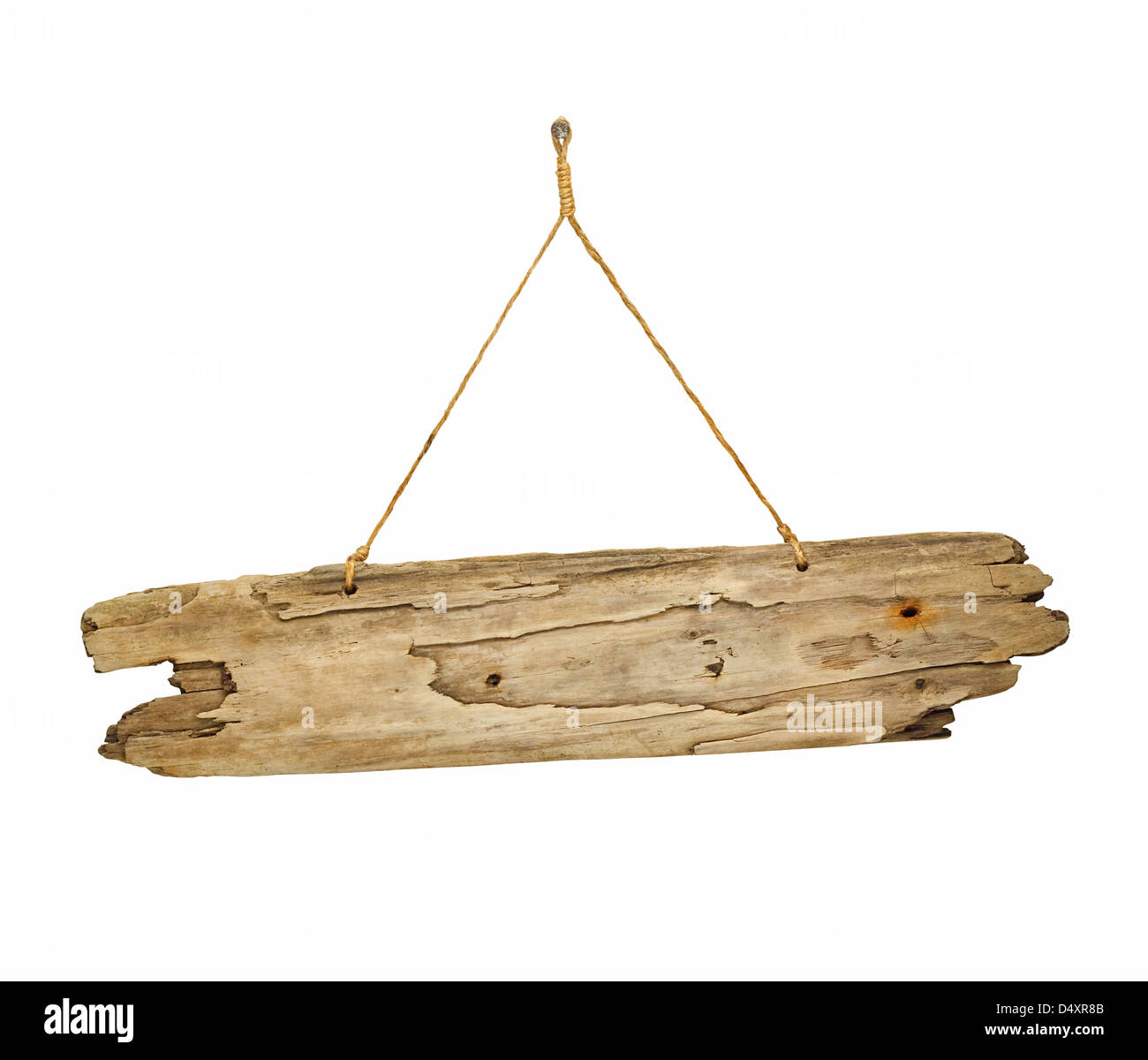 Sucio viejo parqué de madera antiguos driftwood signo en gran cadena de avisos Foto de stock