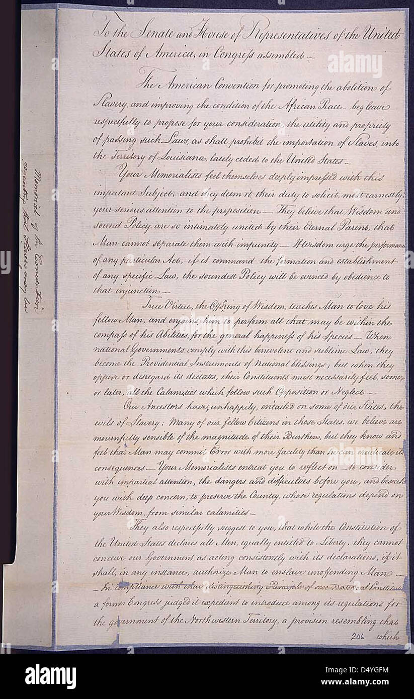 Memorial de la Convención Americana para promover la abolición de la Esclavitud, 23/01/1804 (página 1 de 2). Foto de stock