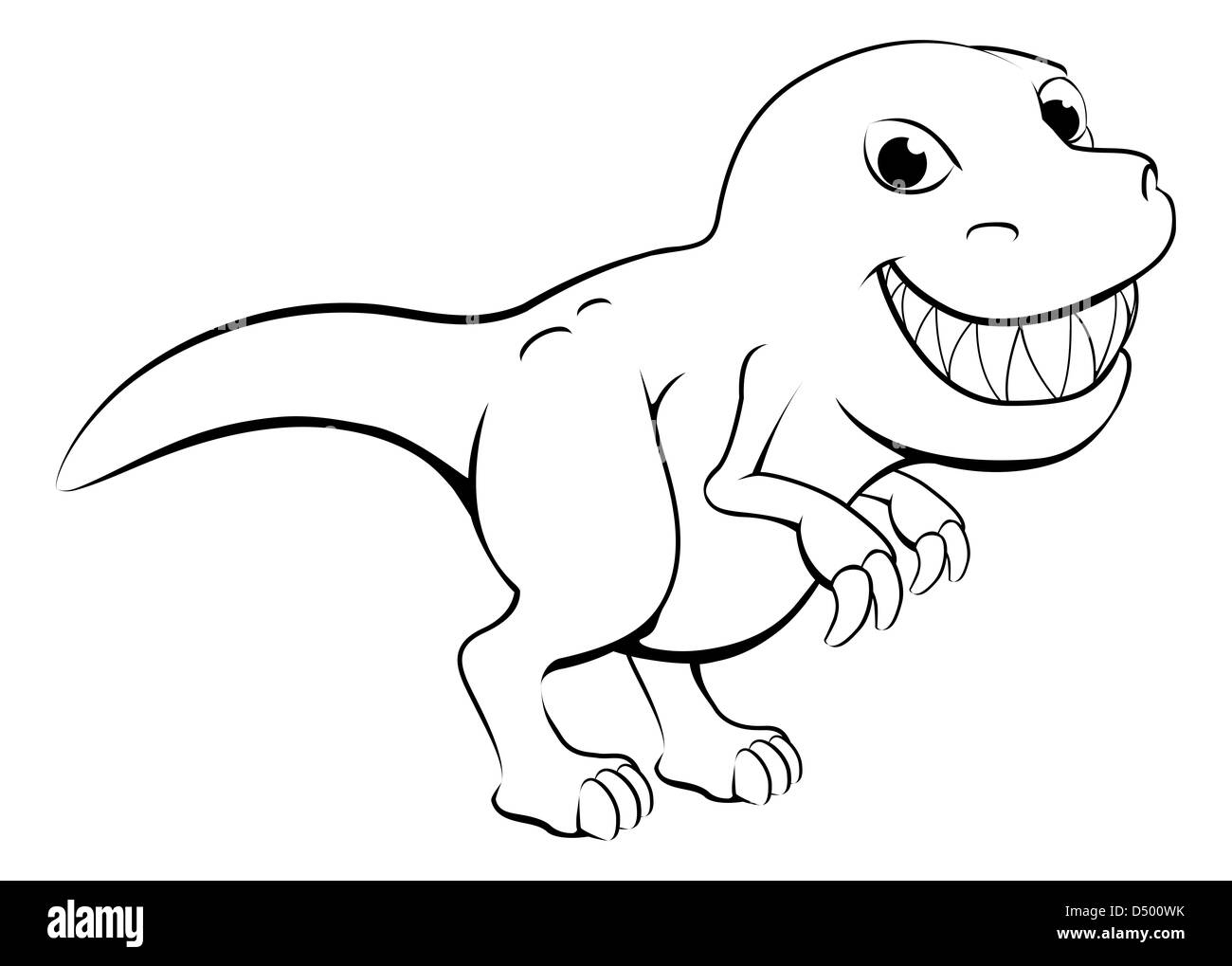 Ilustración en blanco y negro de un feliz cartoon t rex dinosaurio