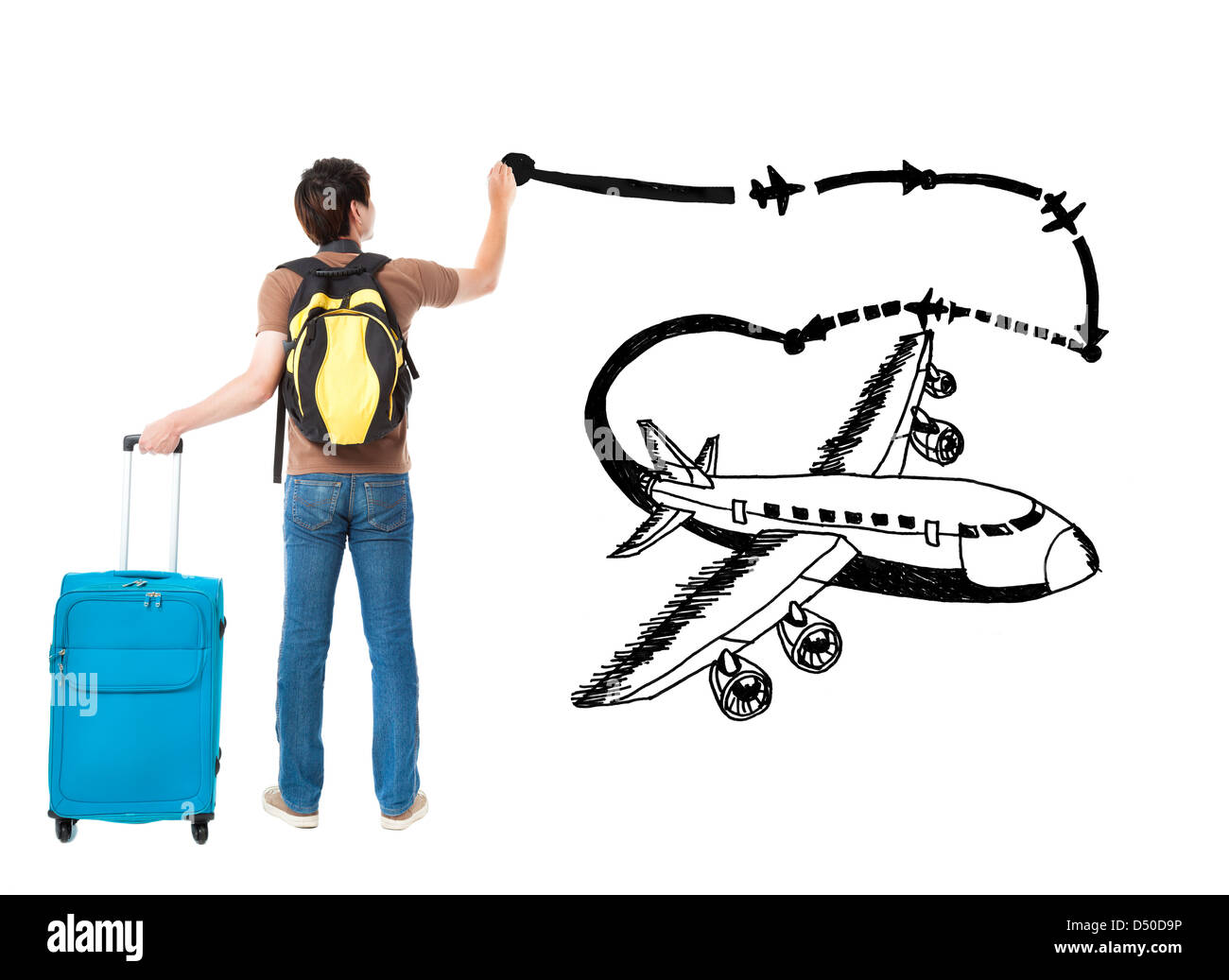 Los jóvenes viajeros de avión y dibujo ruta aérea sobre el fondo blanco. Foto de stock