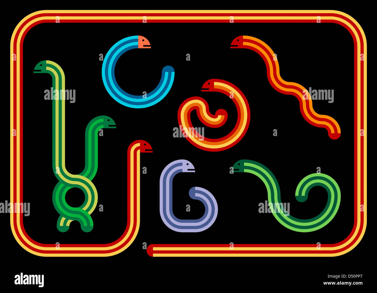 Ilustración - Colección de serpientes serpientes geométricas en diferentes colores y posiciones Foto de stock