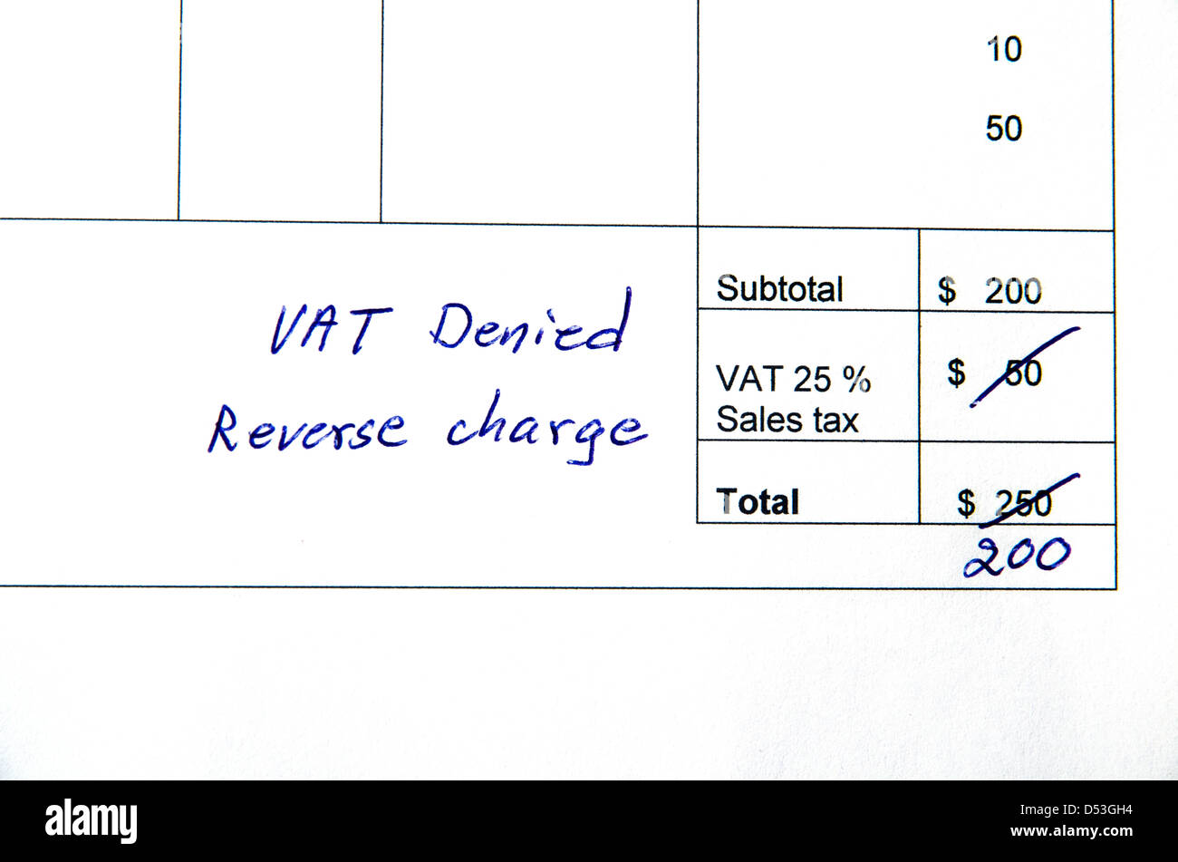 Detalle de una factura por el importe total del IVA incorrecto cambió  porque, a cobro revertido Fotografía de stock - Alamy