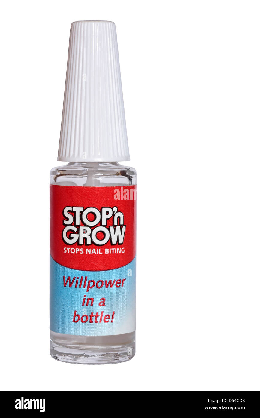 Botella de Stop'n crecer líquido para dejar de comerse las uñas aislado sobre fondo blanco. Foto de stock