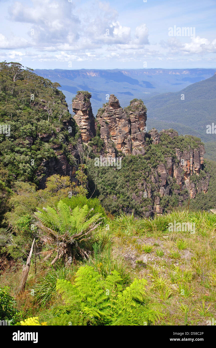 "Las Tres Hermanas" de Echo Point Lookout, el Valle Jamison, Blue Mountains, en New South Wales, Australia Foto de stock