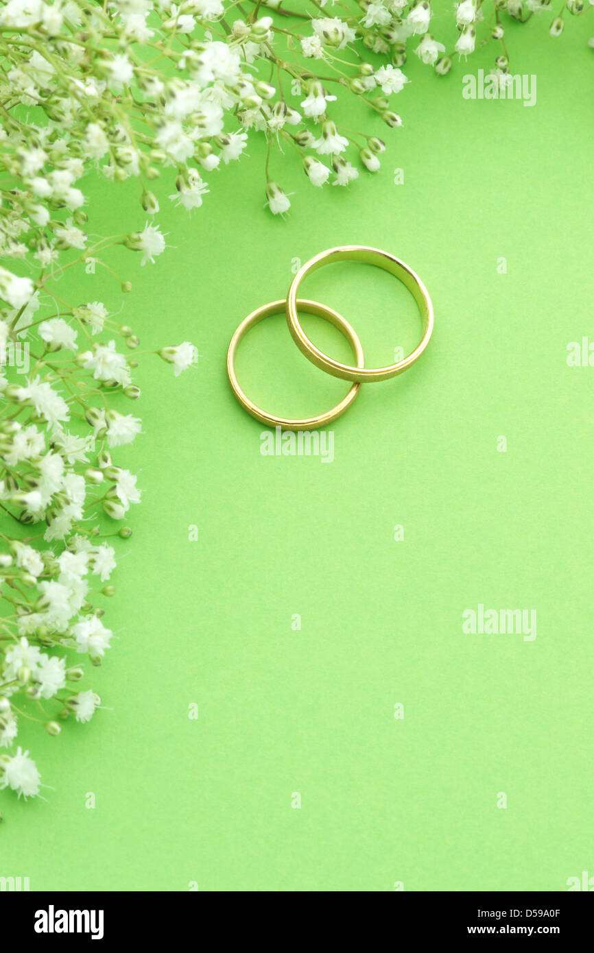 Anillos de boda con copia espacio en fondo verde con flores. Foto de stock