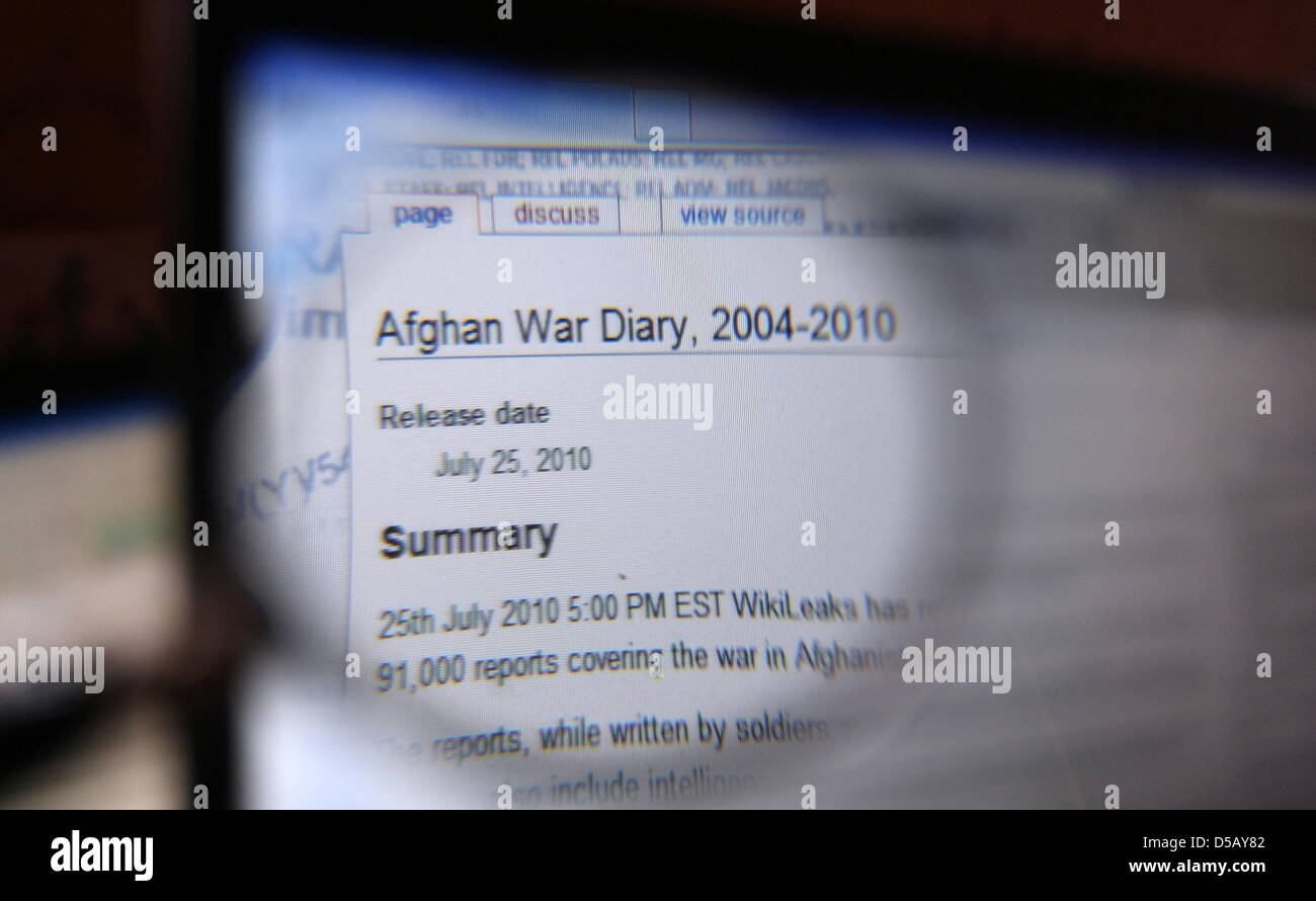 Una captura de pantalla clasificados informaciones publicadas en el webiste de Wikileaks, capturado en Kaufbeuren, Alemania, el 26 de julio de 2010. Un estimado de 92.000 registros militares secretos estadounidenses sobre la guerra en Afganistán se filtró a los medios de comunicación online delator WikiLeaks, y publicado por el New York Times, el diario británico The Guardian y el semanario alemán Der Spiegel. El registro detallando s Foto de stock