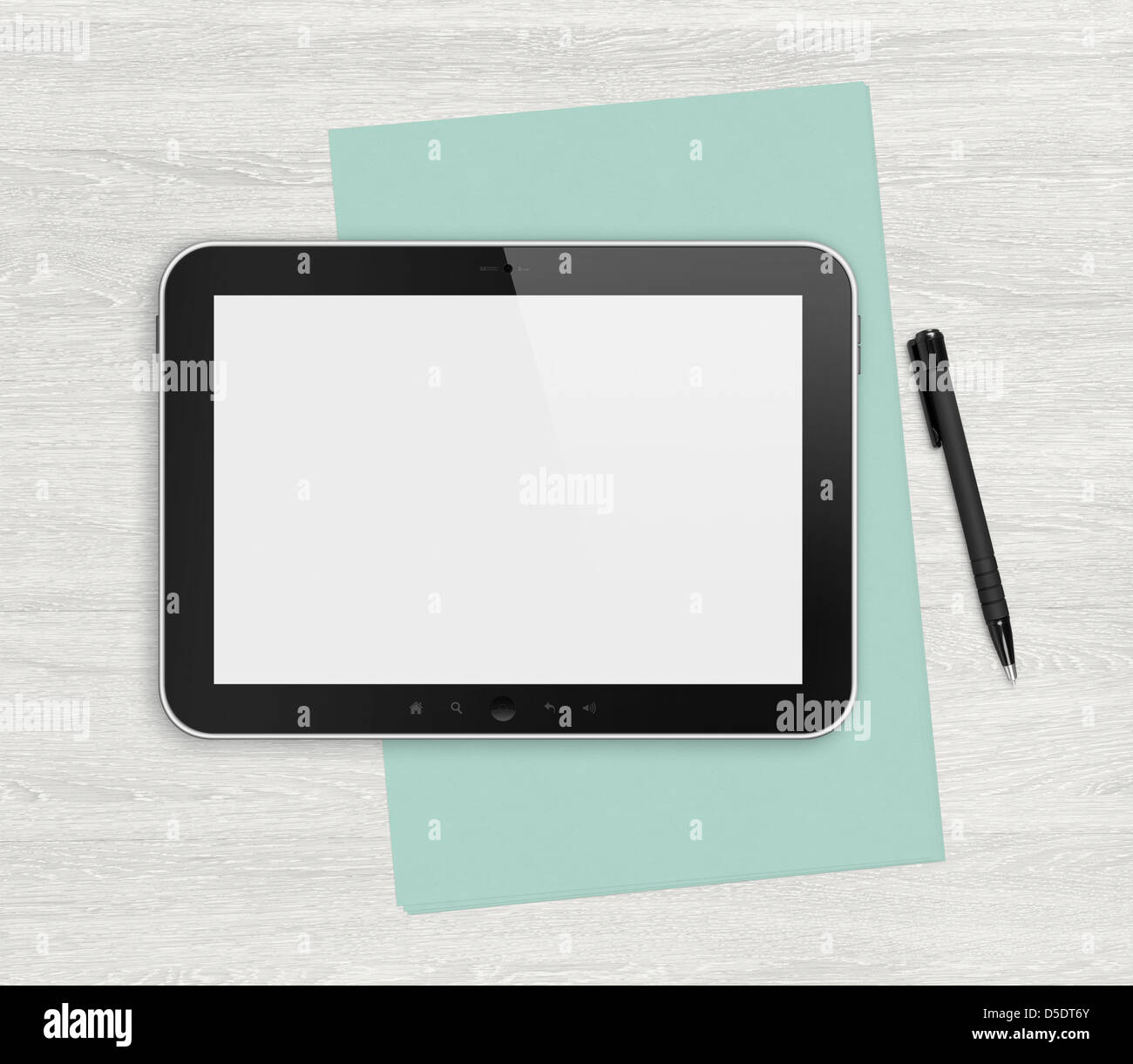 Tableta digital en blanco moderno, papeles y lápiz sobre un mostrador de madera en blanco. Vista desde arriba. Alta calidad gráfica detallada collage. Foto de stock