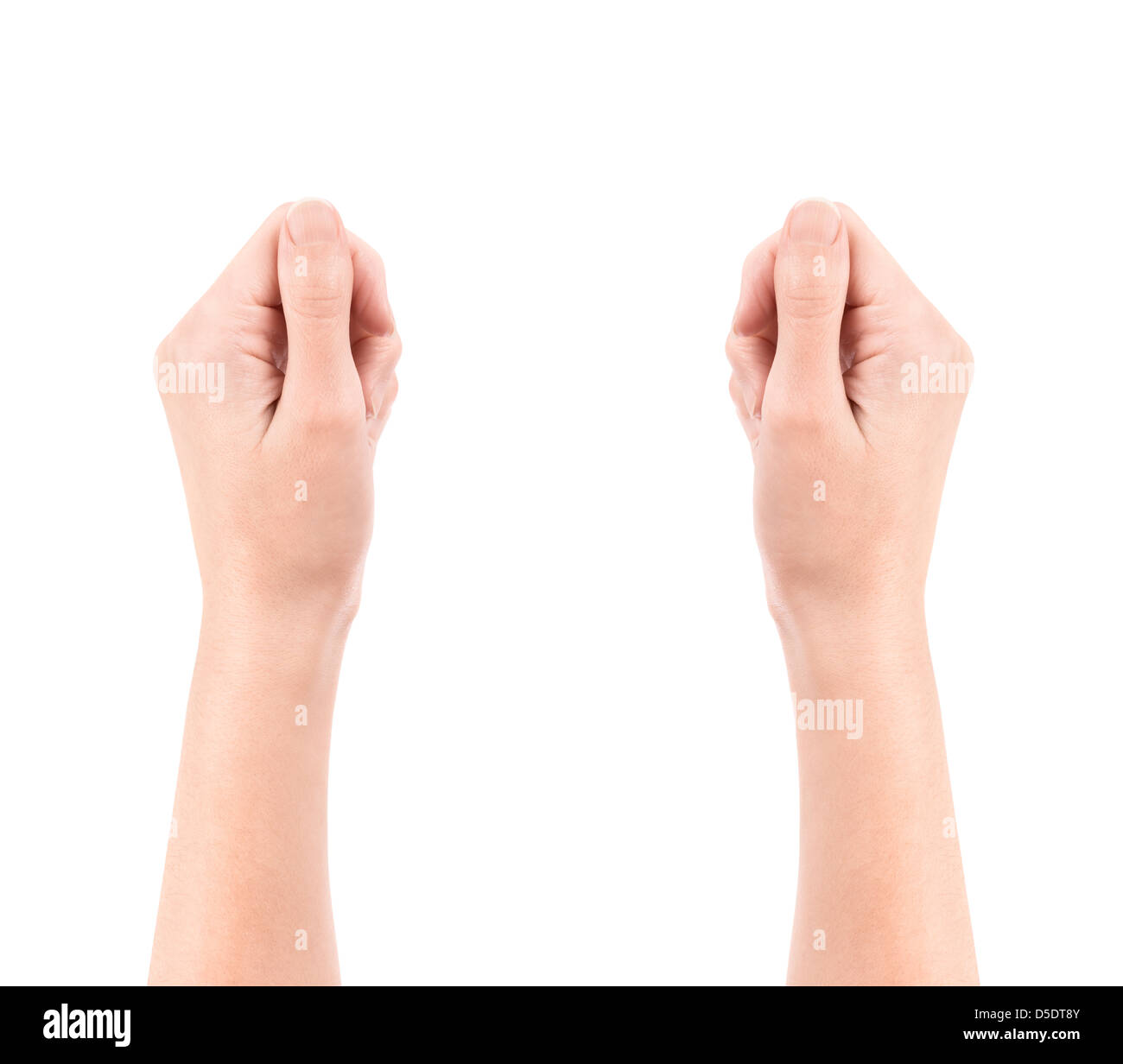 Dos manos sujetan el elemento imaginario concepto. Aislado en blanco. Foto de stock