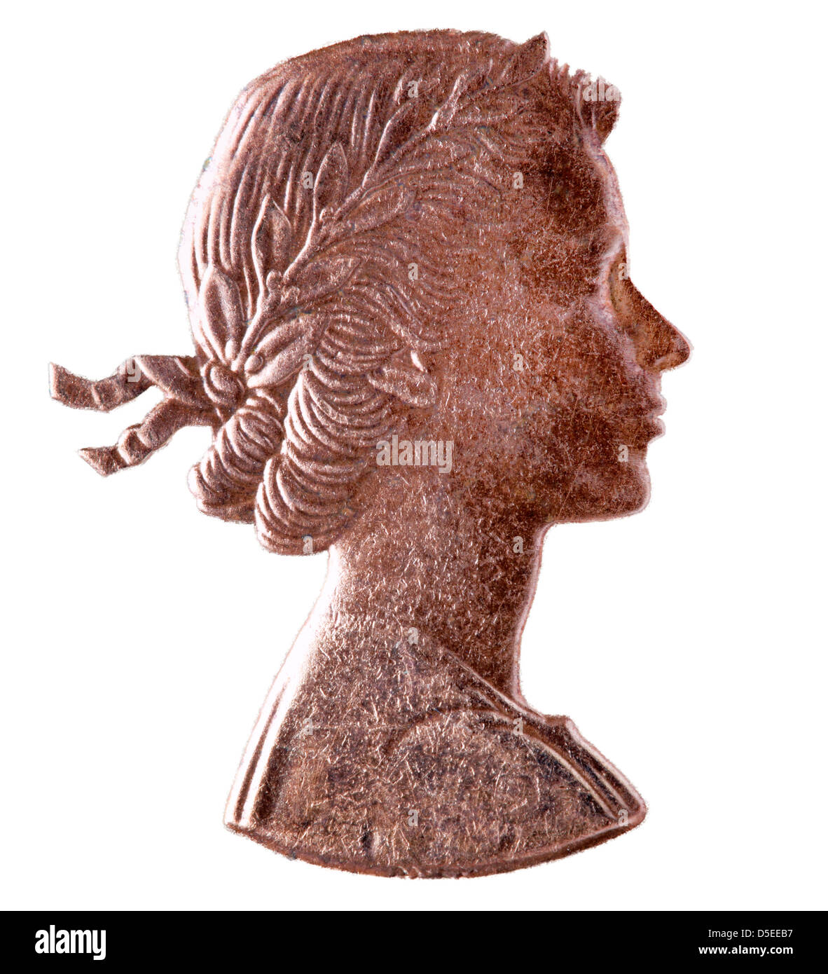 Retrato de la Reina Isabel II de 1 centavo de moneda, Reino Unido, 1967, sobre fondo blanco. Foto de stock