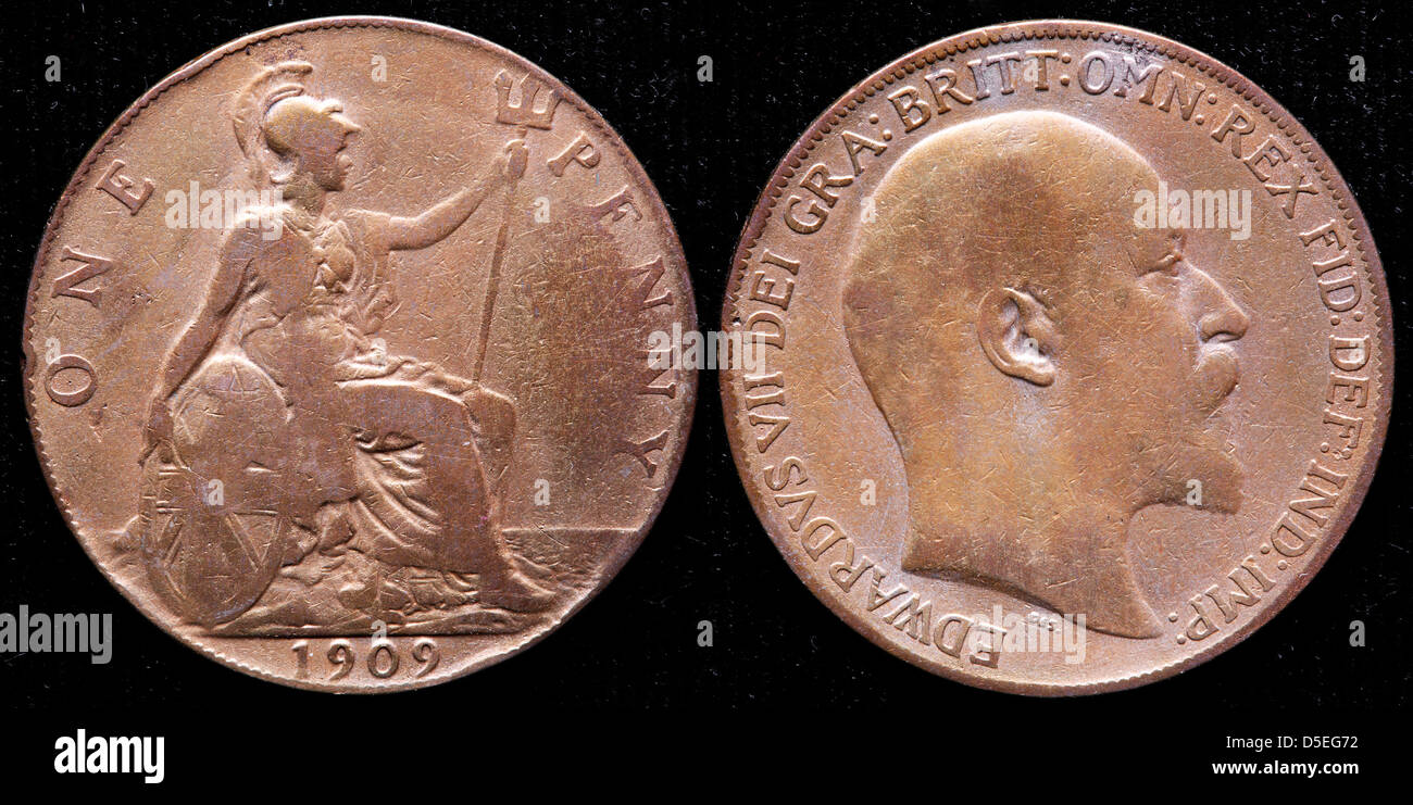 Moneda de 1 céntimo, Britannia, el Rey Eduardo VII, Reino Unido, 1909. Foto de stock