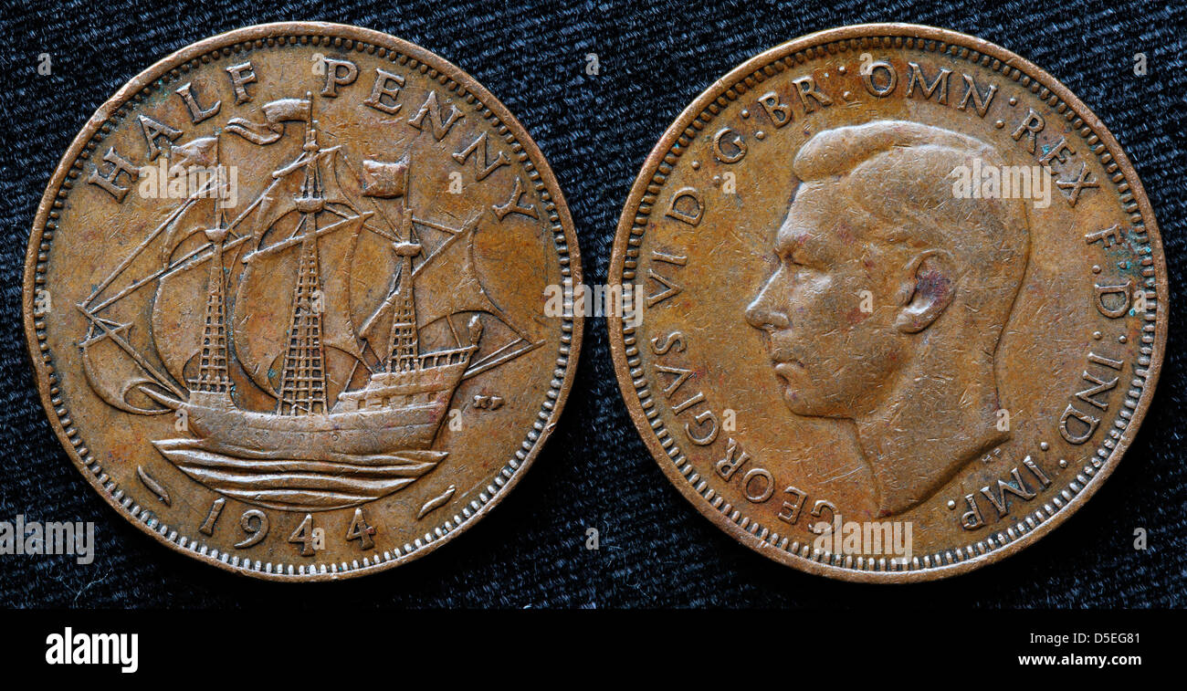 Moneda de medio centavo, Golden Hind barco, el Rey George VI, Reino Unido, 1944 Foto de stock
