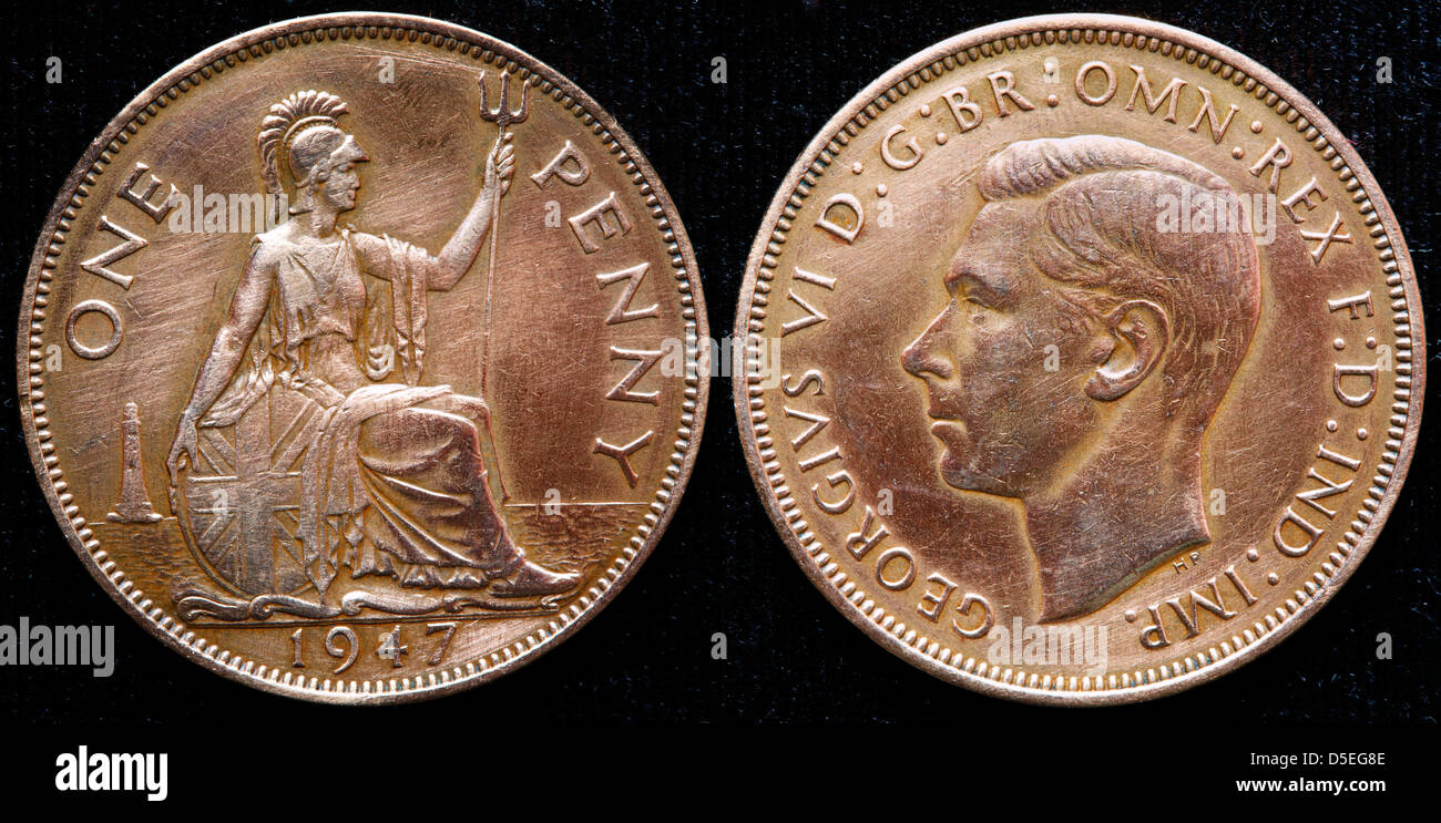 Moneda de 1 céntimo, Britannia, el Rey George VI, Reino Unido, 1947 Foto de stock